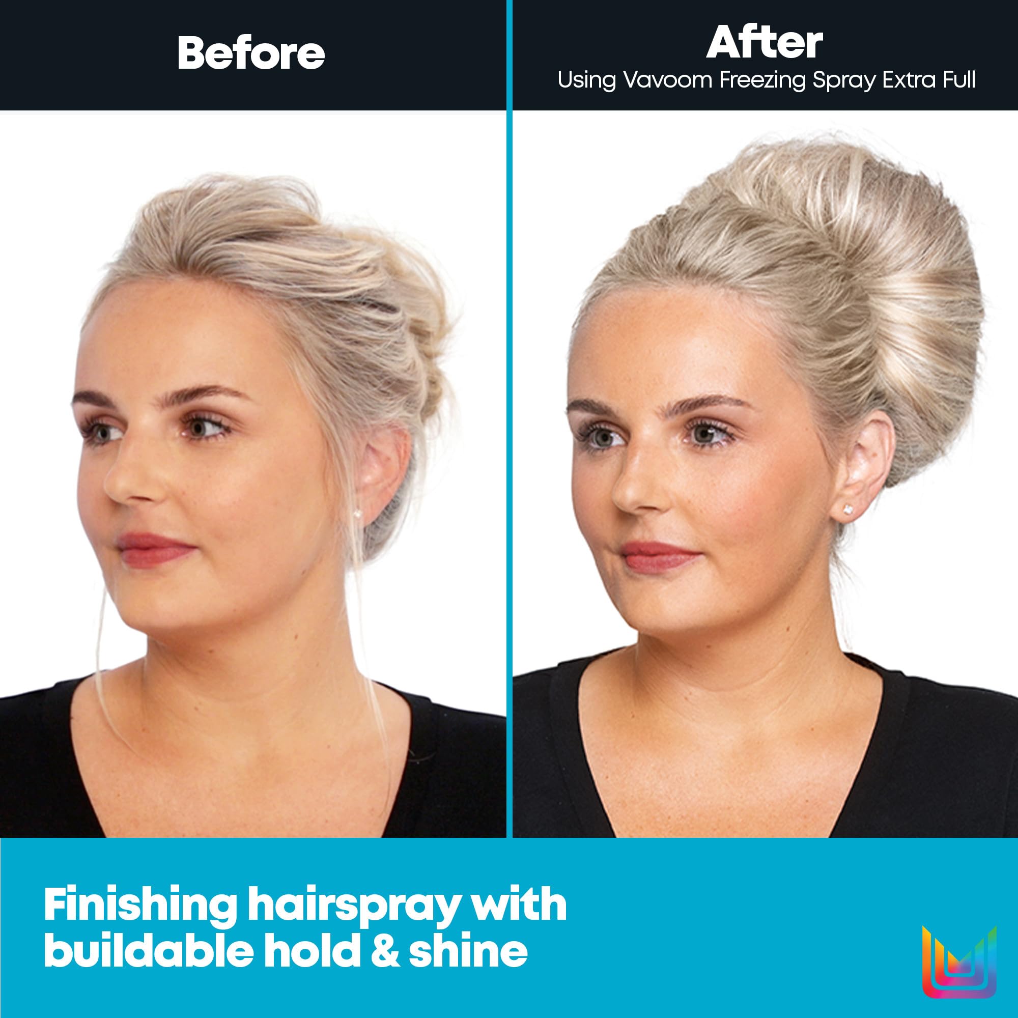 Matrix Vavoom freezing spray mist delivering fast-drying finish and shine.