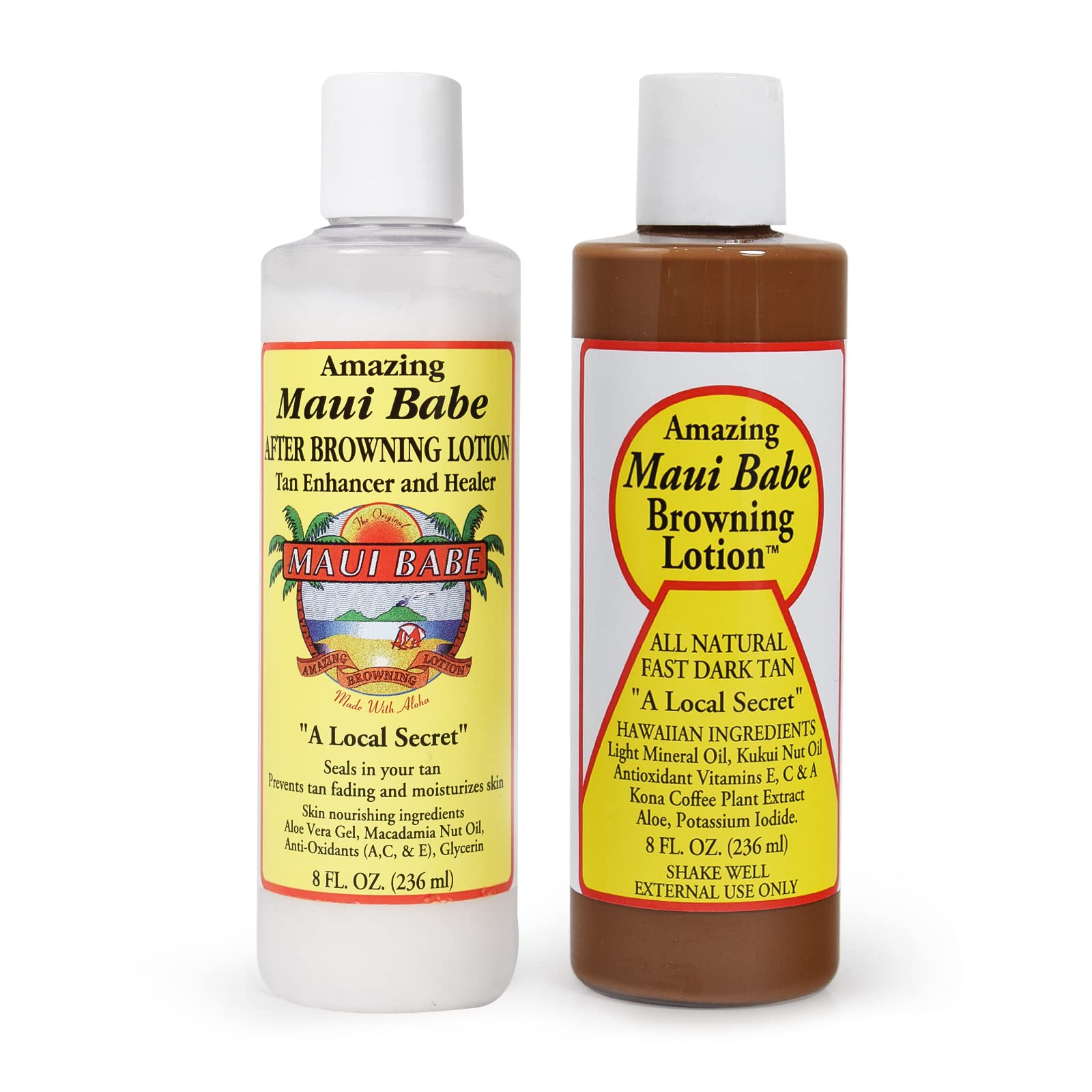 Maui Babe Browning Lotion bottle 2-pack for sealing and extending your tan.