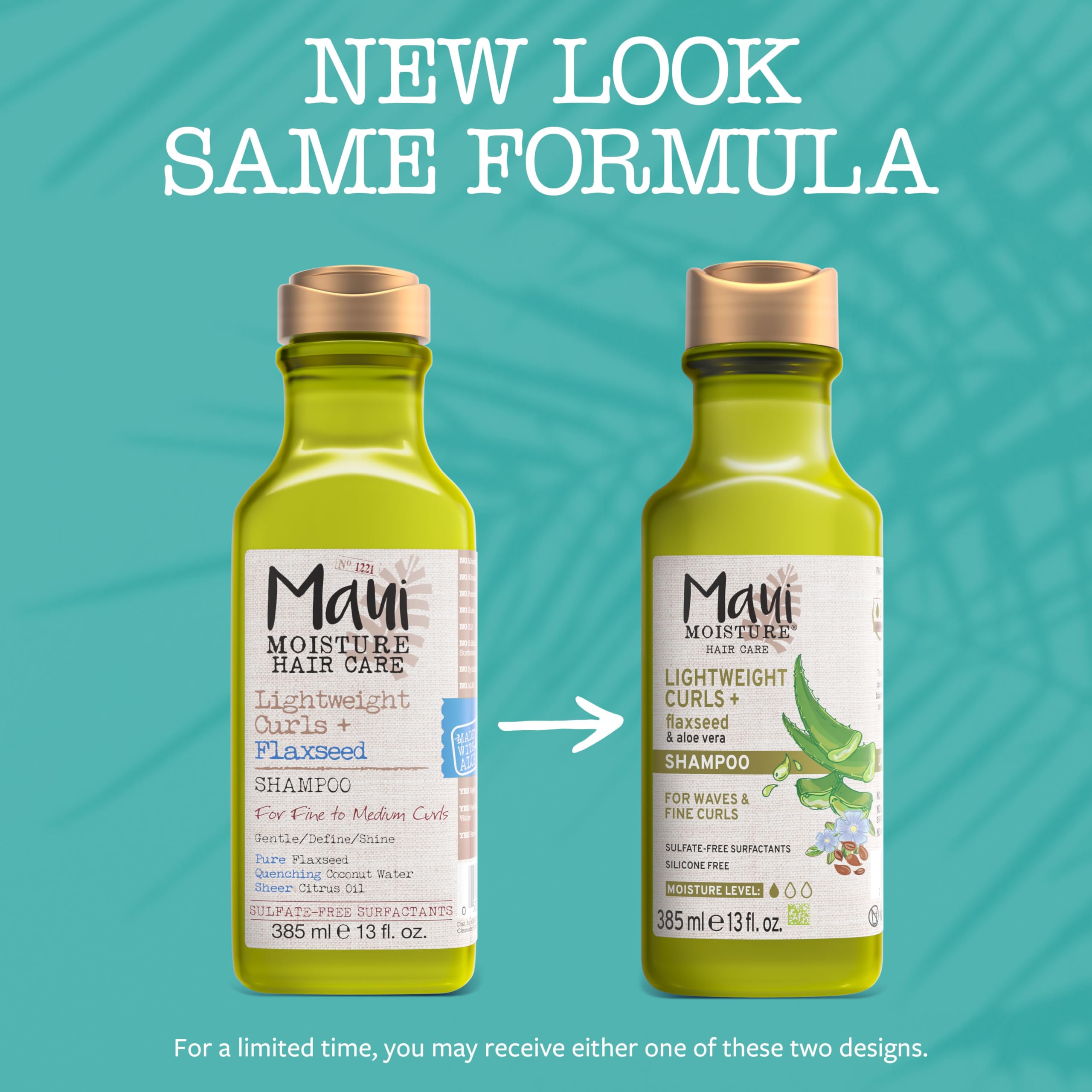 Etiqueta verde de Maui Moisture Lightweight Curls, champú suave para cuidado natural.