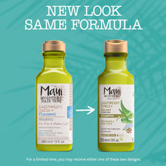 Etiqueta verde de Maui Moisture Lightweight Curls, champú suave para cuidado natural.
