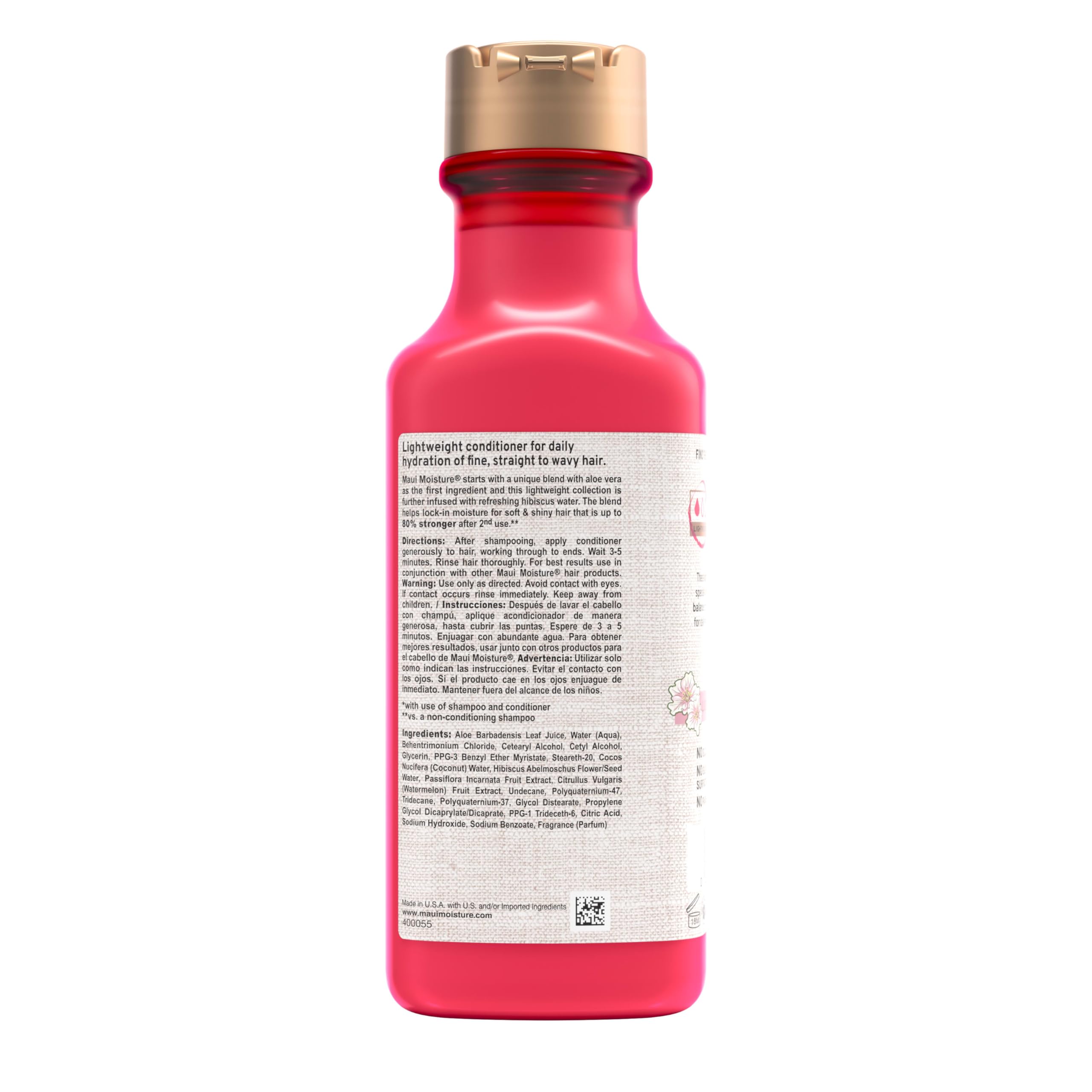 Aloe vera and coconut imagery emphasized on Maui Moisture conditioner packaging.
