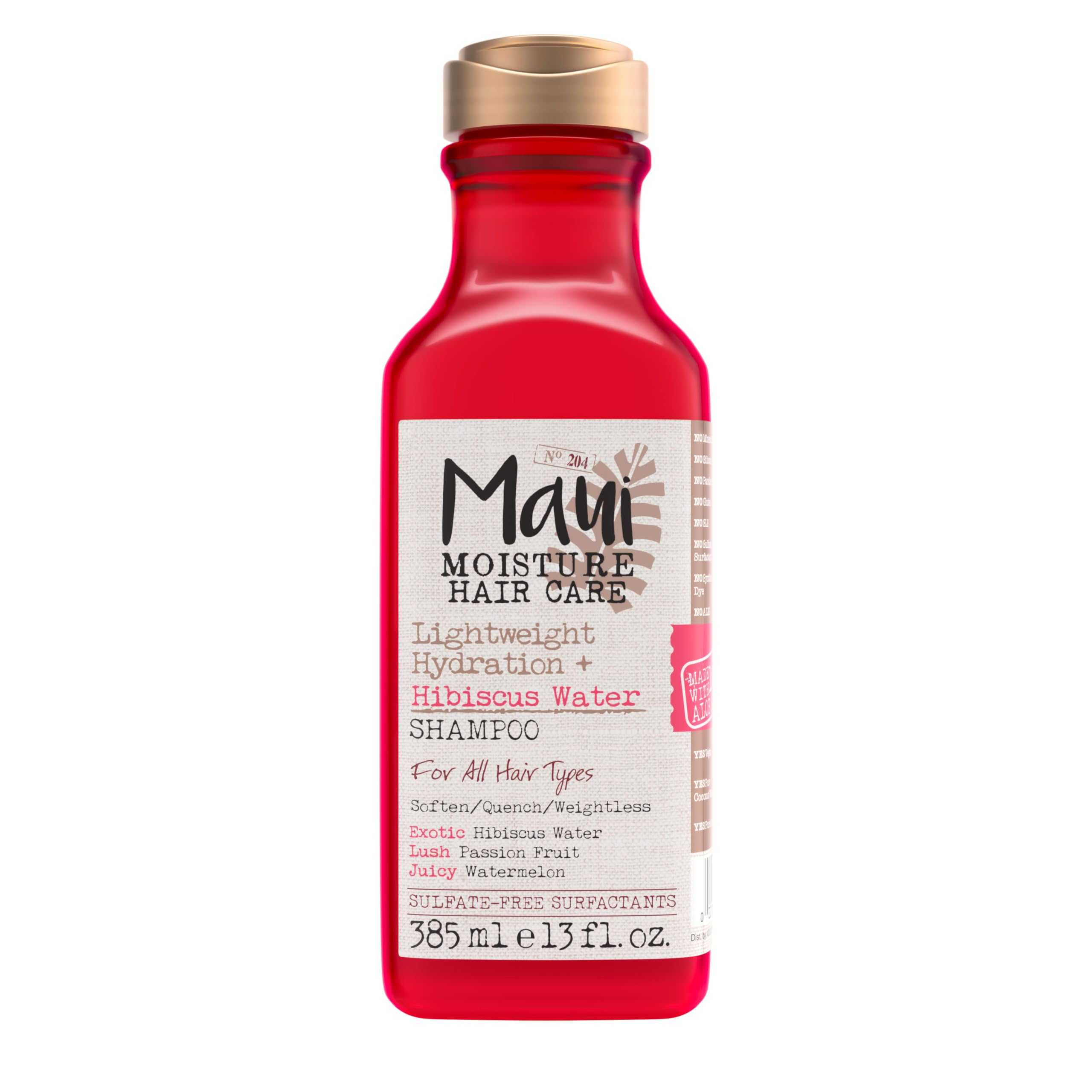Maui Moisture Lightweight Hydration Hibiscus Shampoo bottle showing curl-softening formula