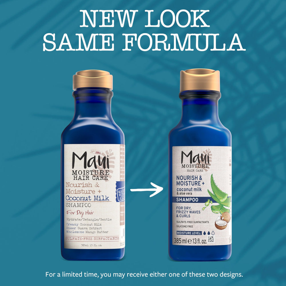 Maui Moisture Nourish & Moisture champú etiqueta detalle, aloe vera y coco para rizos.