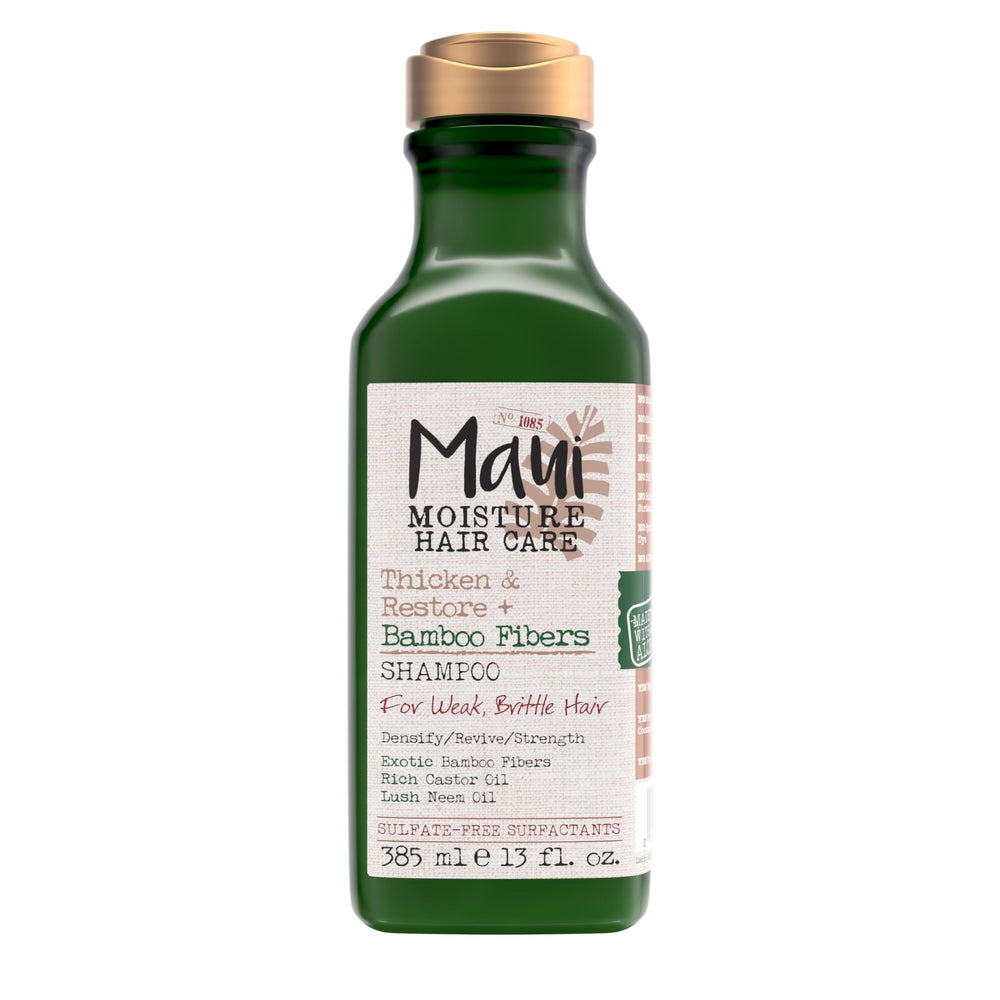Maui Moisture Thicken & Restore - botella de champú para rizos densos y saludables.