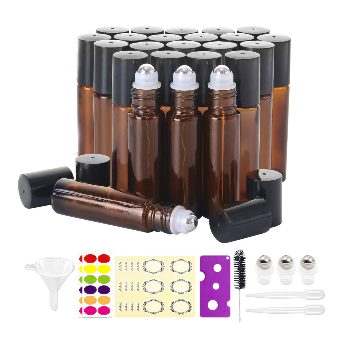 Mavogel 24-pack amber roller bottles with UV protection for essential oils