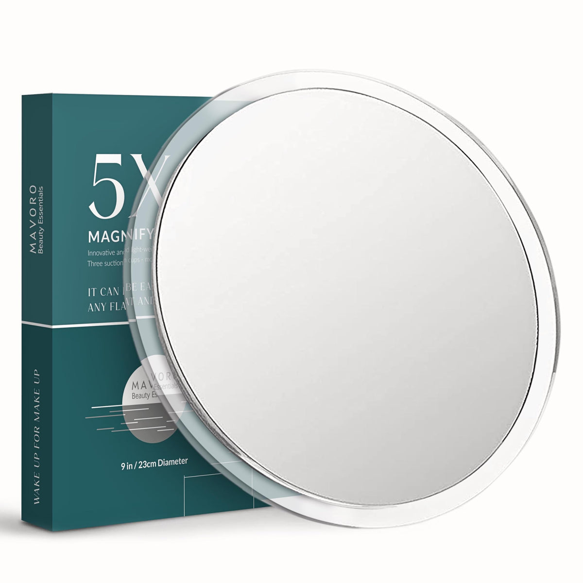 Mavoro 9-inch magnifying mirror with suction cups for secure mounting.