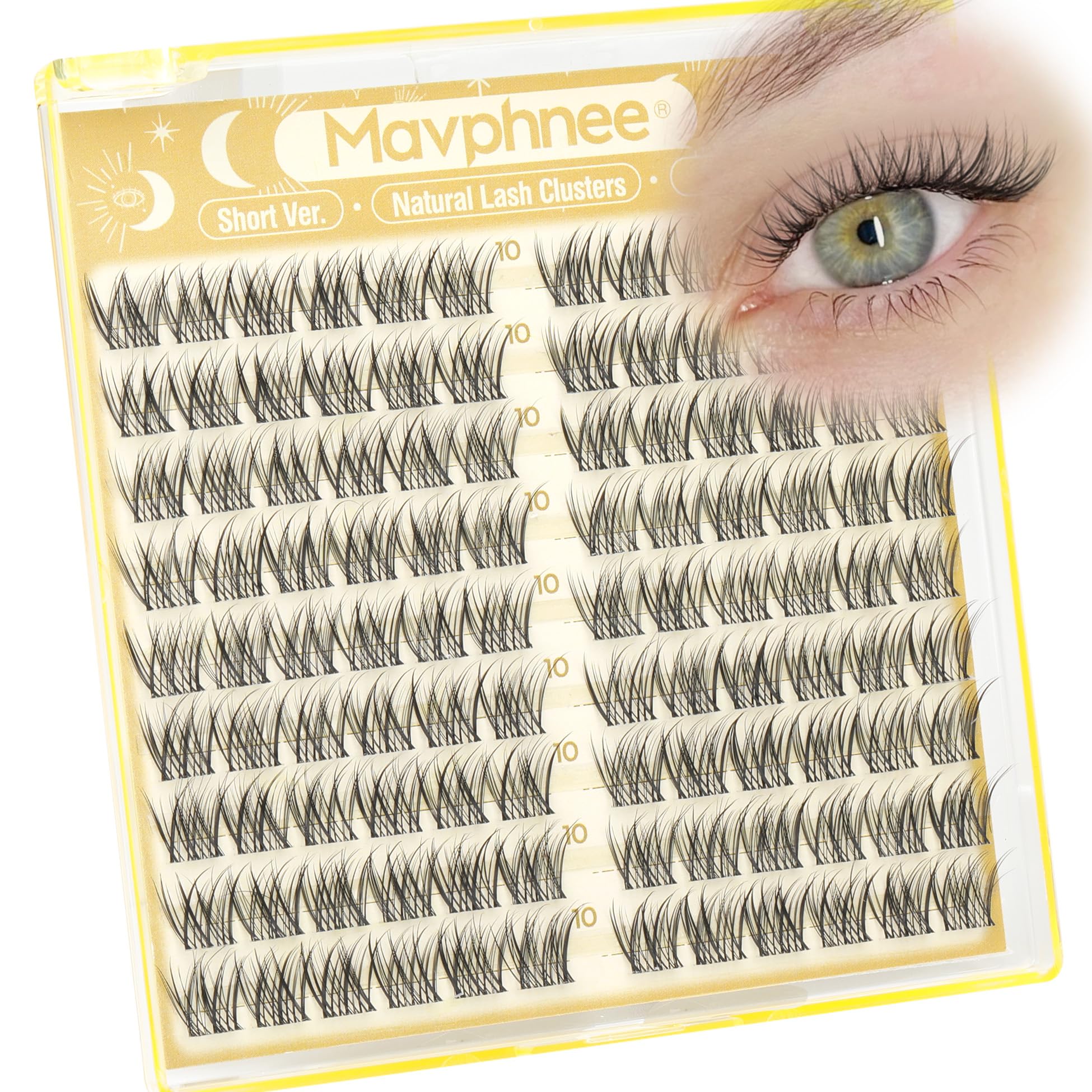 Mavphnee 10mm lash clusters pack for natural everyday wispy lash looks.