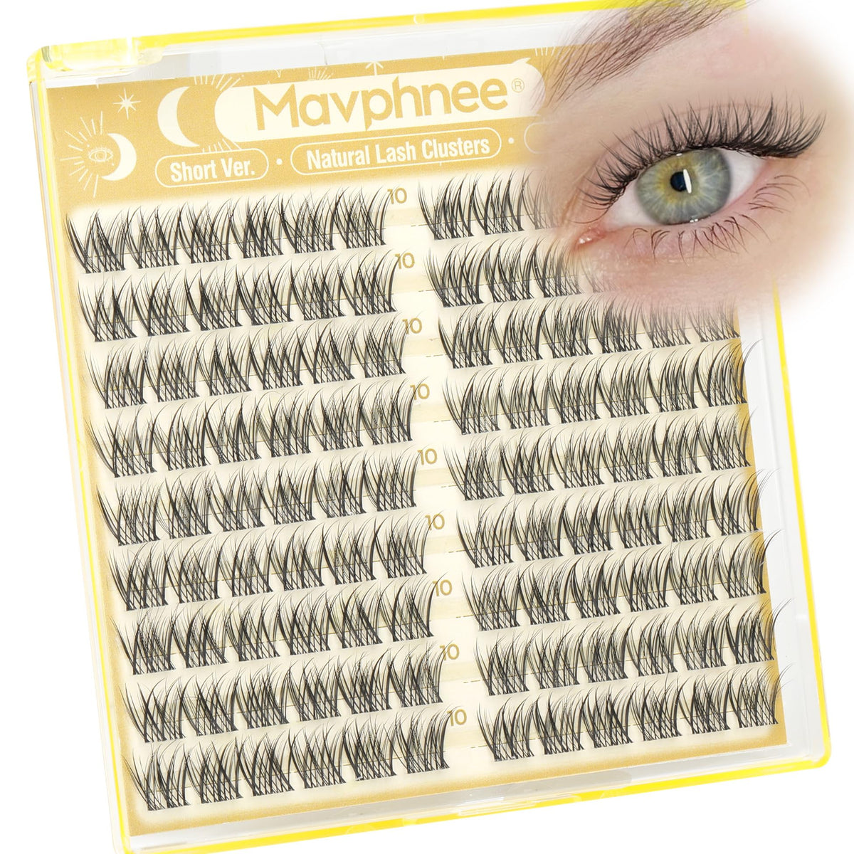 Mavphnee 10mm lash clusters pack for natural everyday wispy lash looks.
