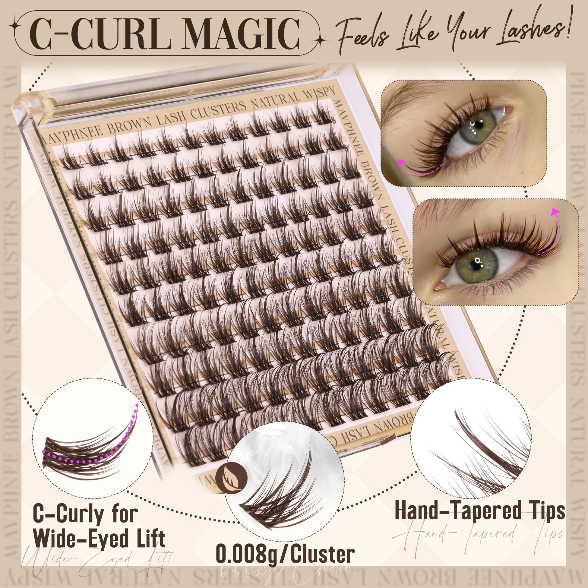 Mavphnee 8-16mm cluster lashes for versatile day to night looks.