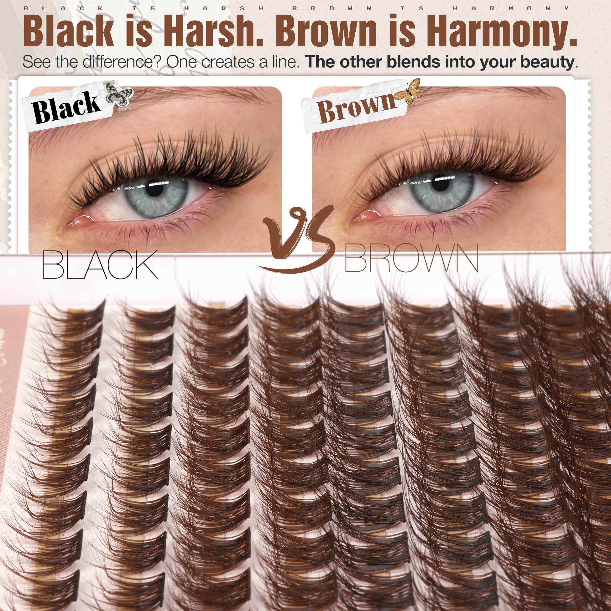 Mavphnee Brown Cluster Lashes blends with brown makeup for cohesive, harmonious looks.