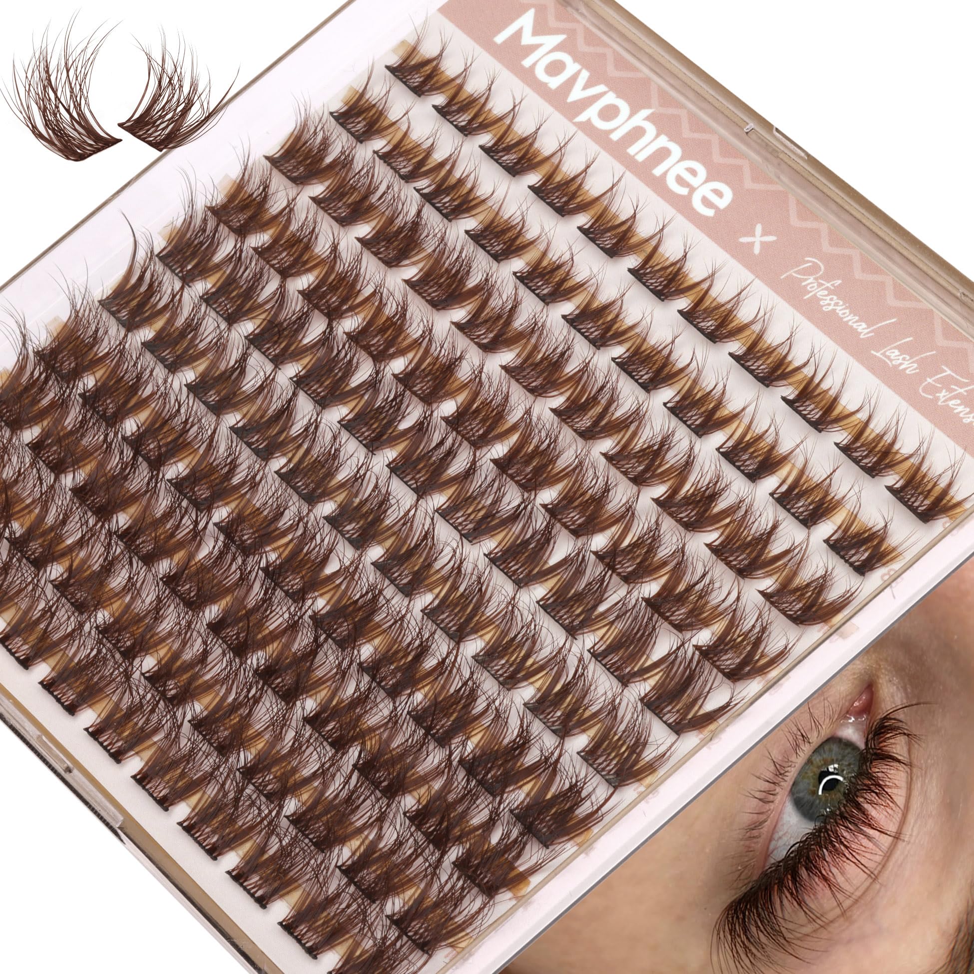 Mavphnee Brown Cluster Lashes soft glam close-up for a natural, blended finish.
