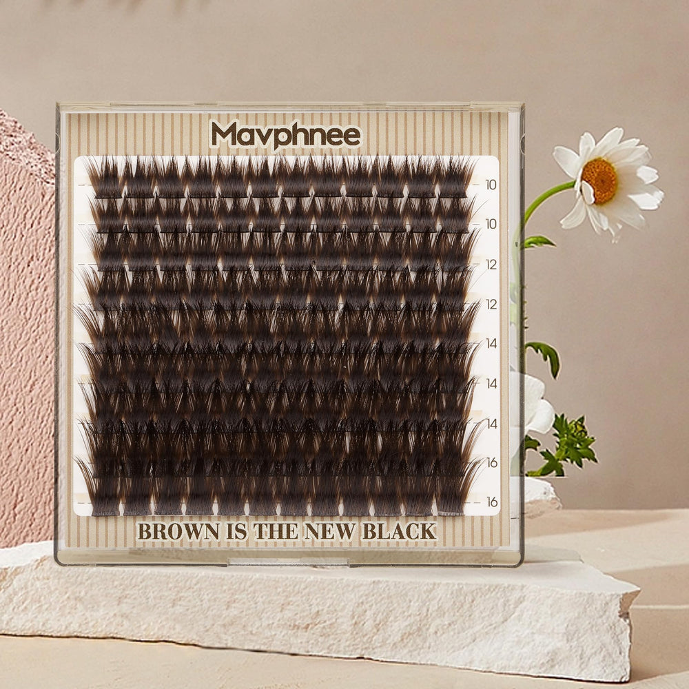 Mavphnee brown eyelash clusters in use with CC curl lifting effect