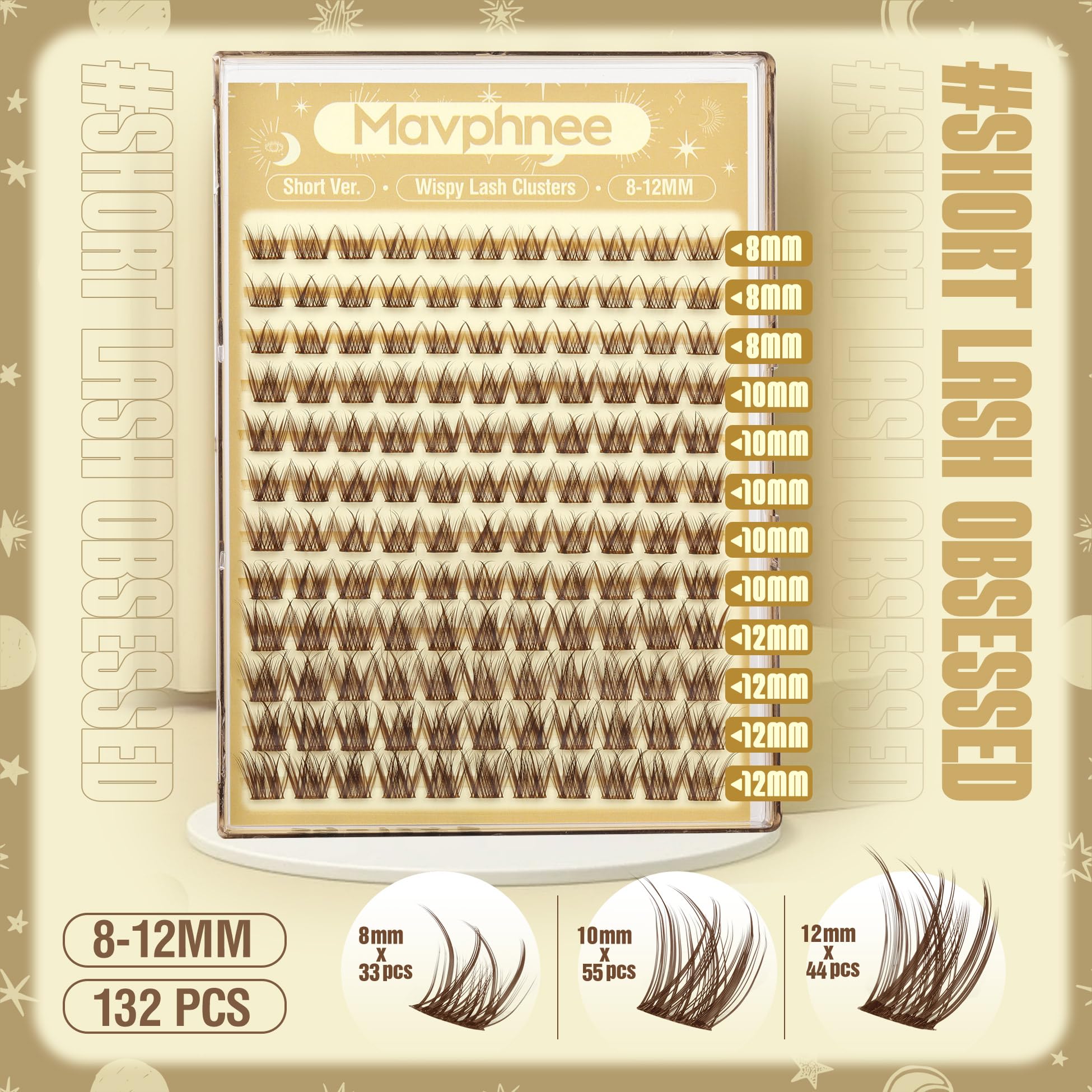 Mavphnee brown lash clusters 10mm pack close-up for balanced eye definition