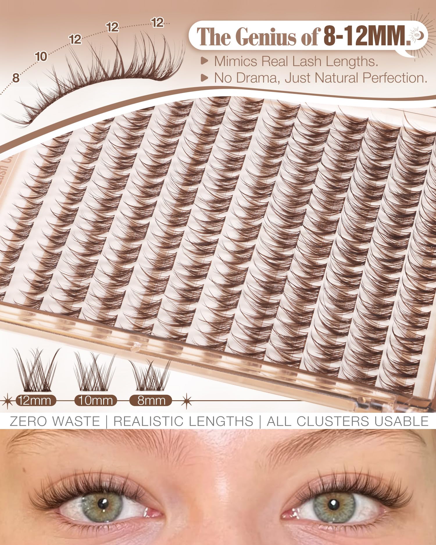 Mavphnee Brown Lash Clusters 8mm close-up shows subtle length for everyday enhancement.