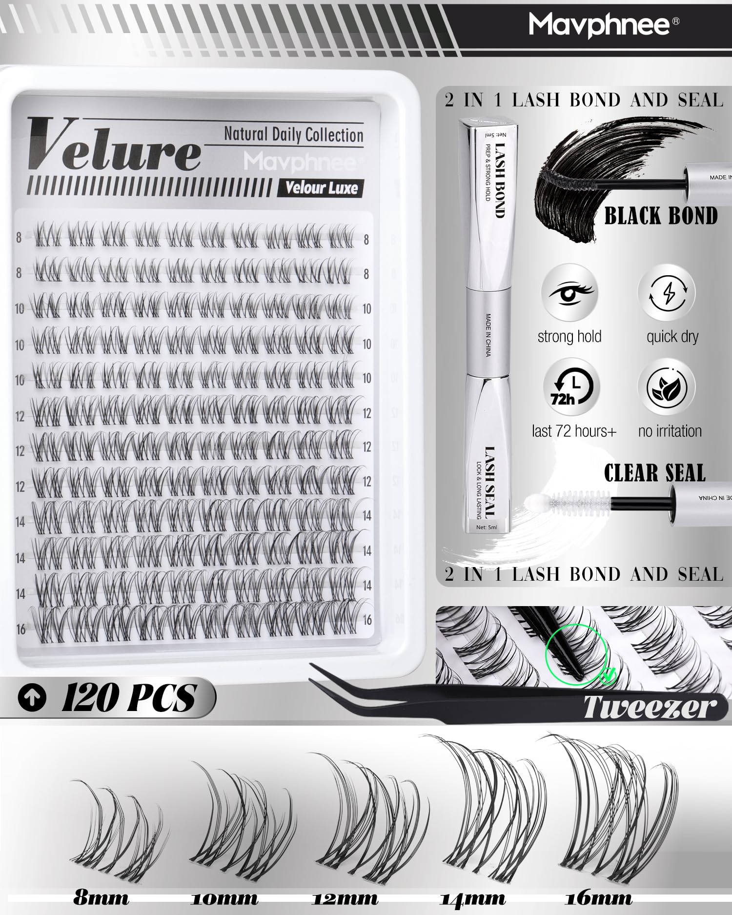 Mavphnee Clear Band Lash Clusters Kit 12mm for a soft, lifted effect.