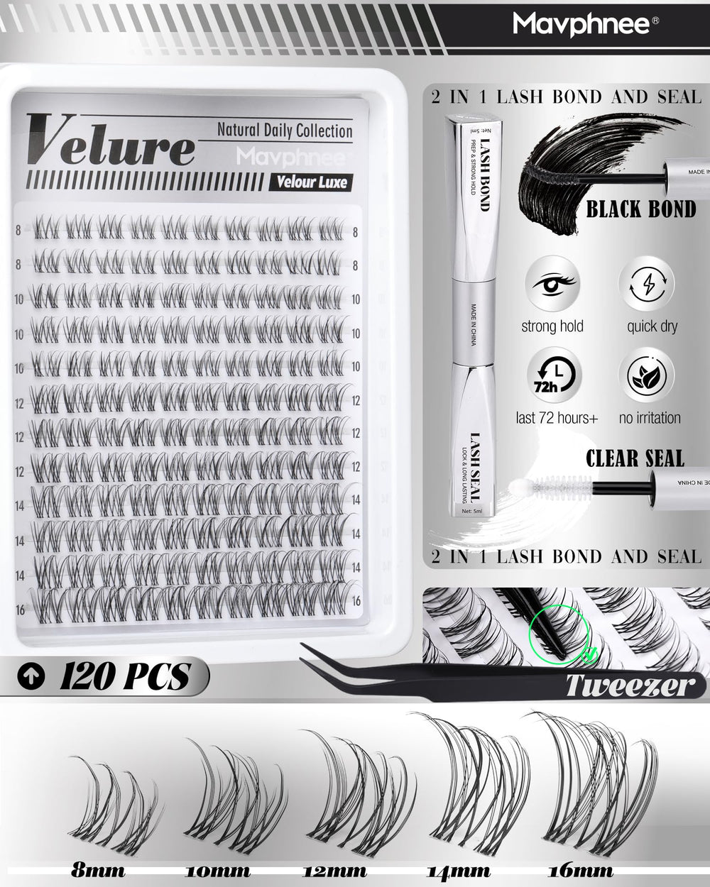Mavphnee Clear Band Lash Clusters Kit 12mm for a soft, lifted effect.