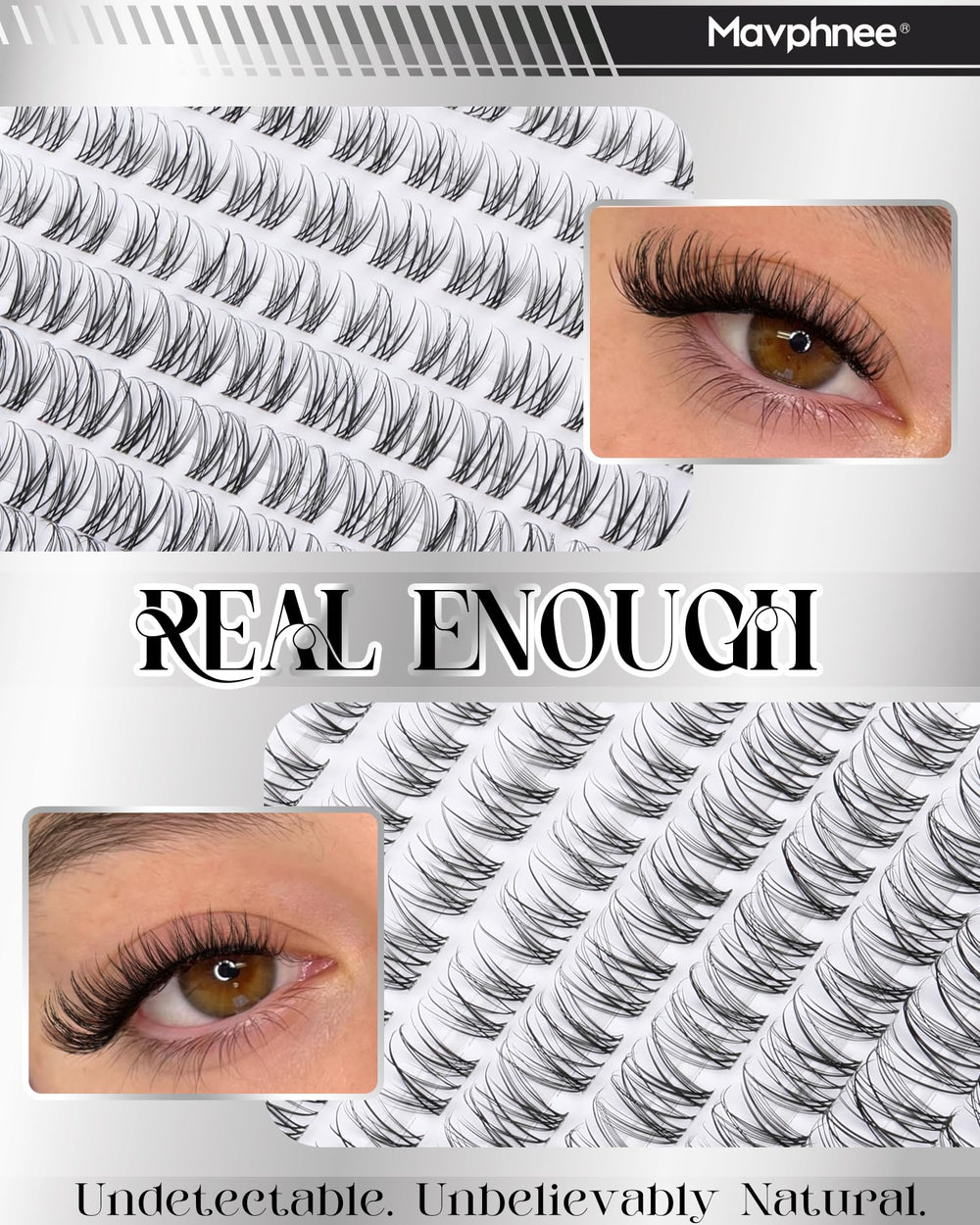 Mavphnee Clear Band Lash Clusters Kit 16mm for dramatic eye definition.