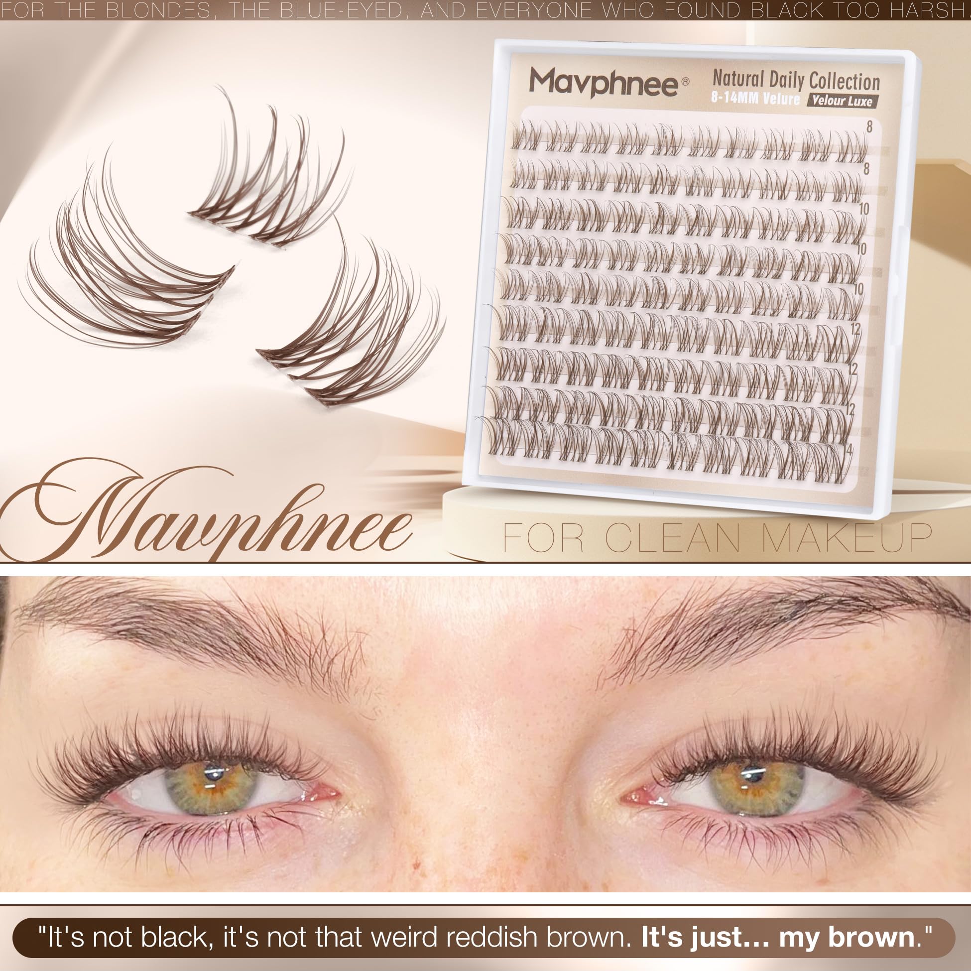 Mavphnee clear band lash clusters lie flat and discreet.