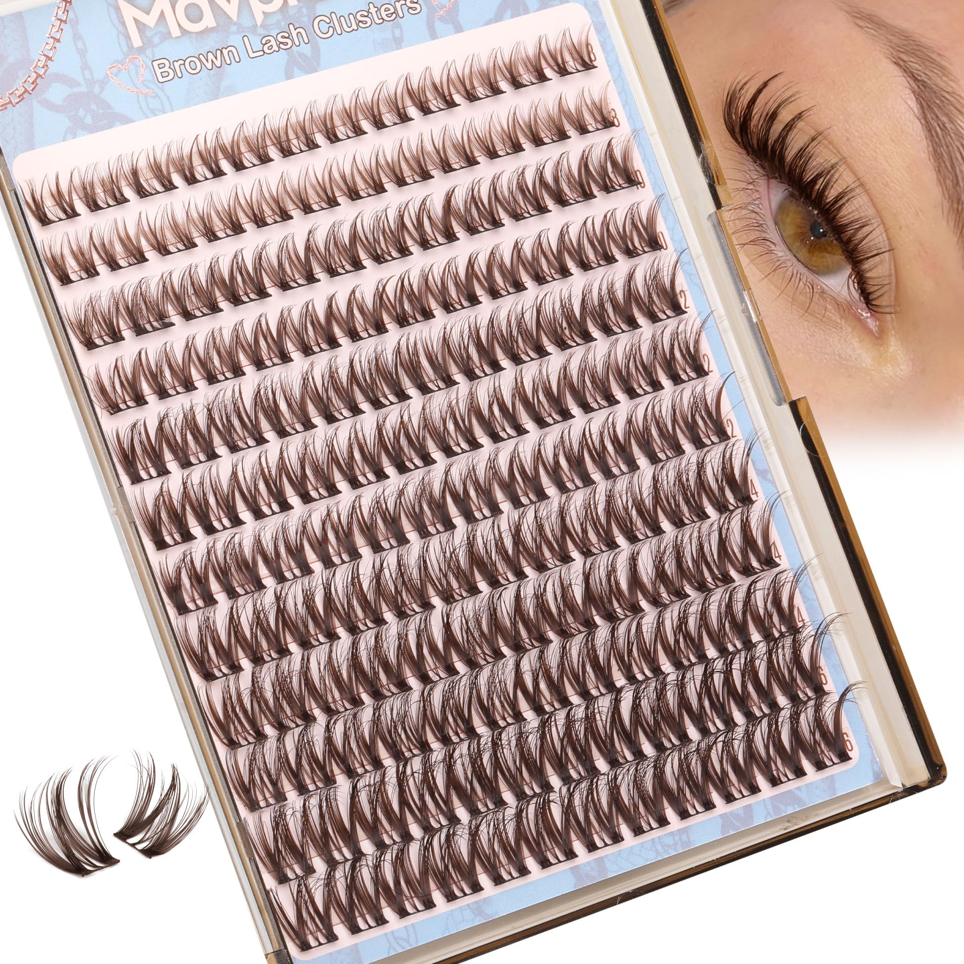 Mavphnee Flaunt lash clusters close-up of brown lashes in 8-16mm range for natural blend.