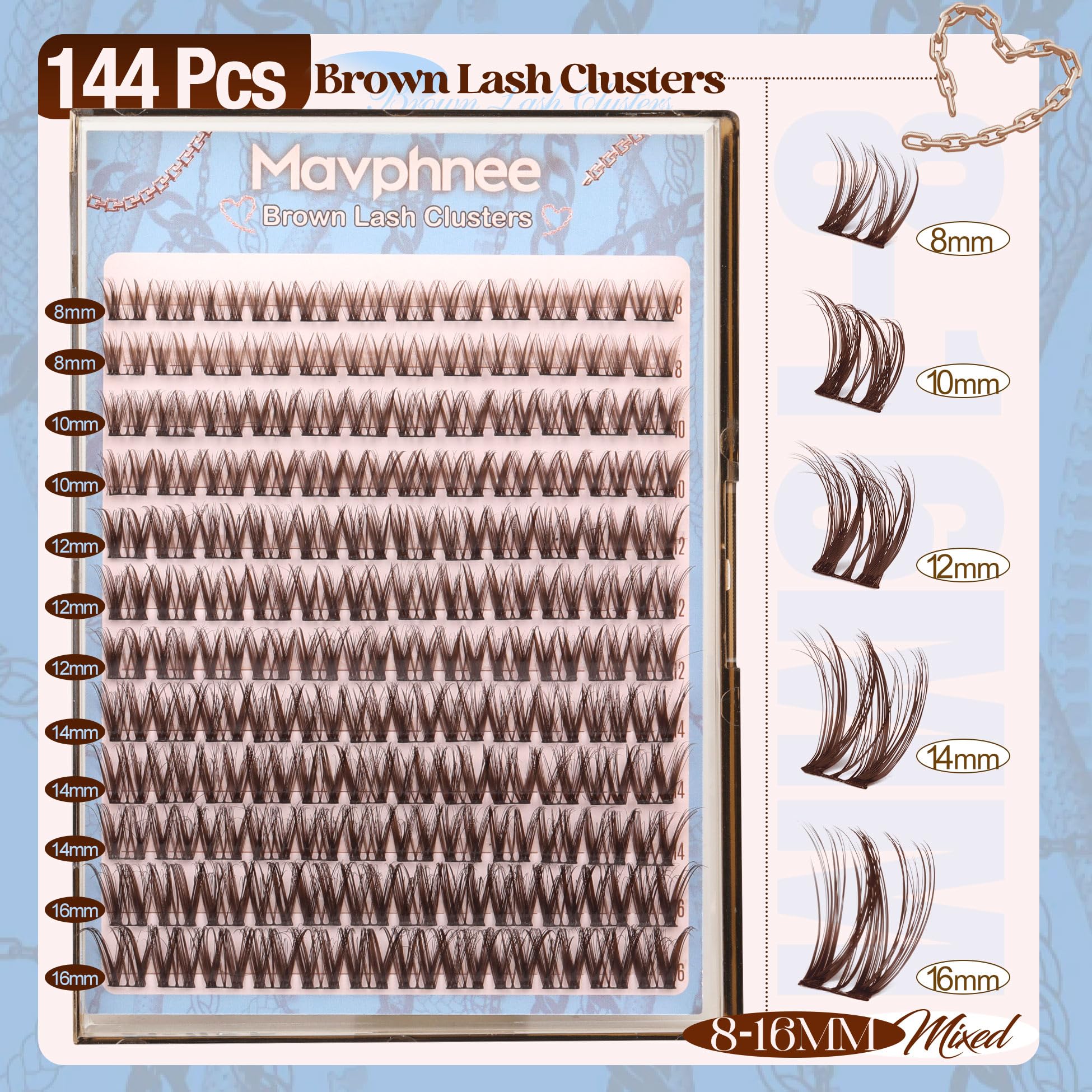 Mavphnee Flaunt packaging showing 144 brown lashes for DIY cat-eye looks.
