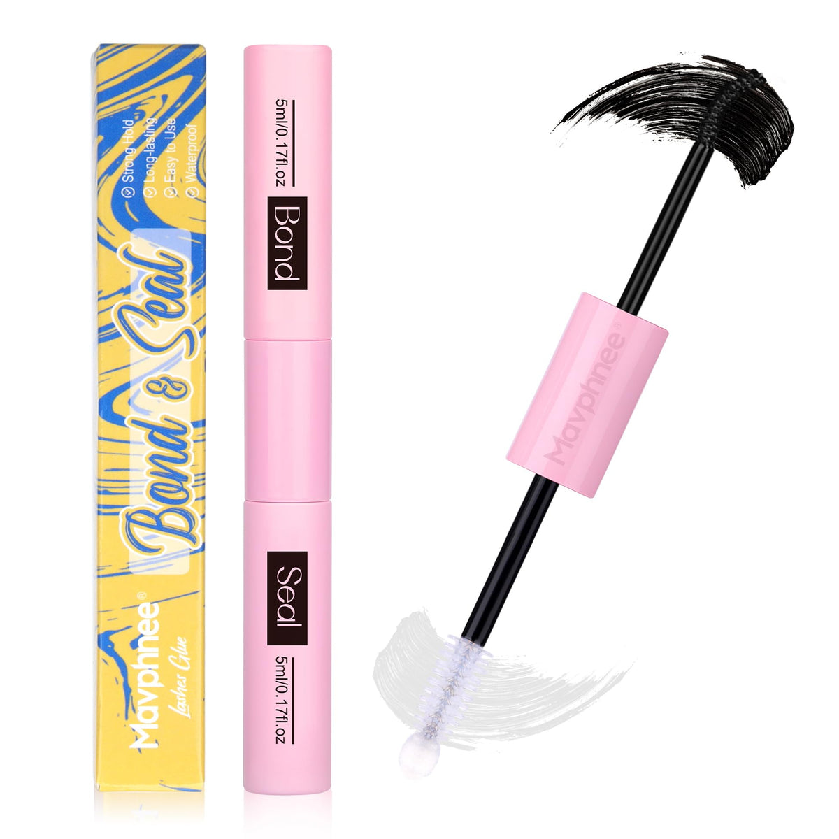 Mavphnee Lash Bond-Seal bottle closeup showing waterproof formula for durable lashes.