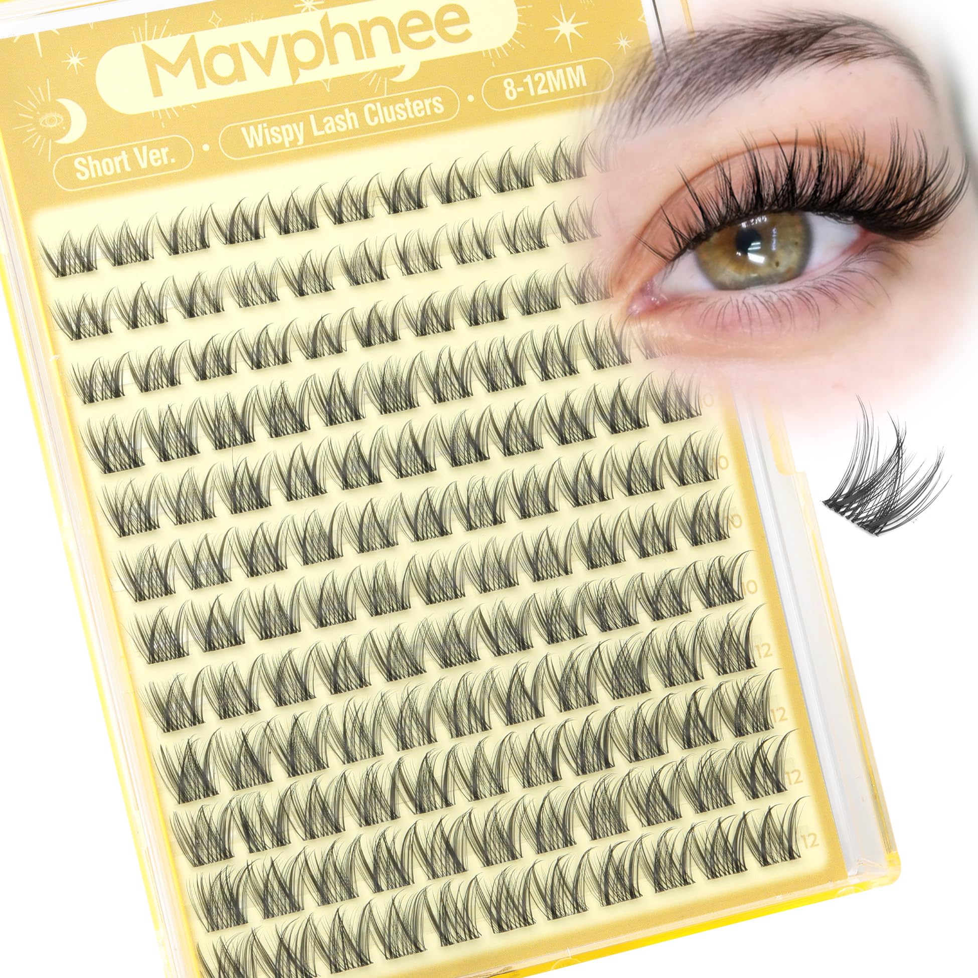 Mavphnee Lash Clusters 8-12mm with clear band for natural daily definition.