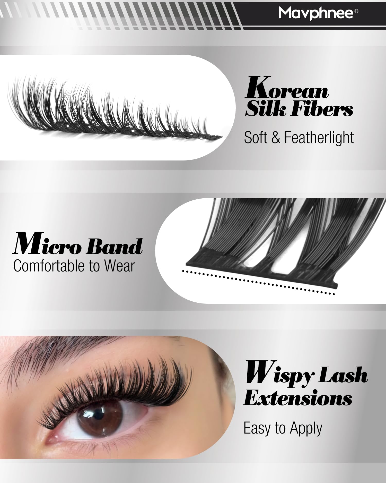 Mavphnee Lash Clusters 8-18mm Range offers versatile styling from natural to dramatic.