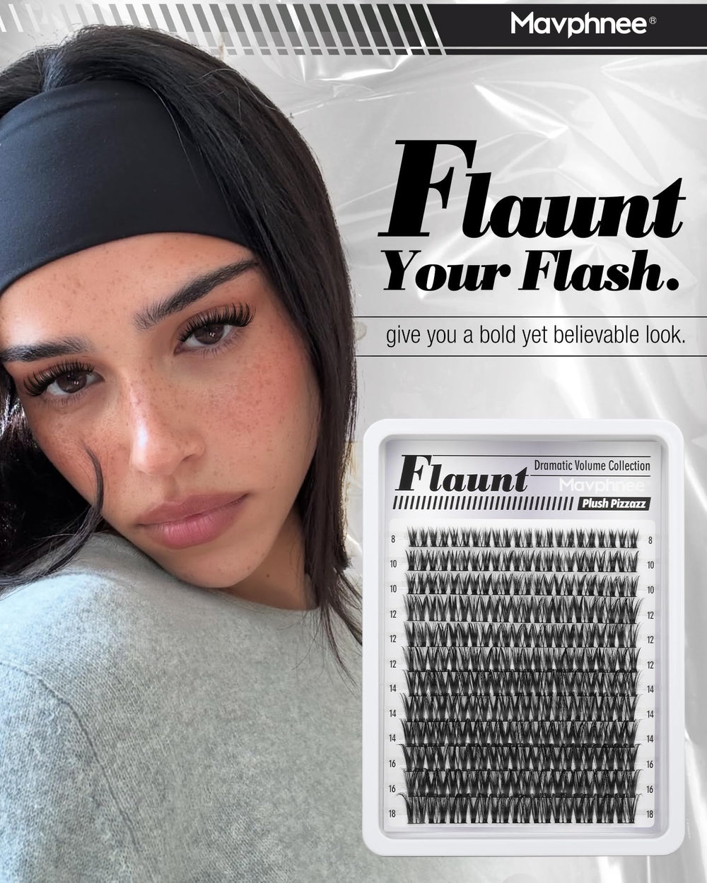Mavphnee Lash Clusters CD Curl Fullness highlights lush wispy curl with bold impact.