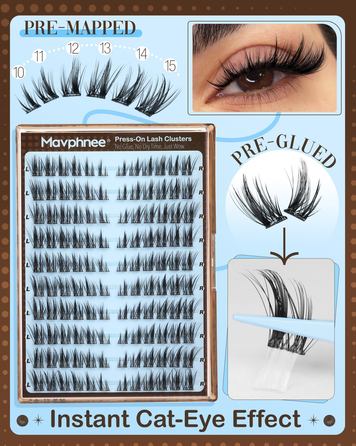 Mavphnee left-right mapped lashes ensure balanced, symmetrical eye look.