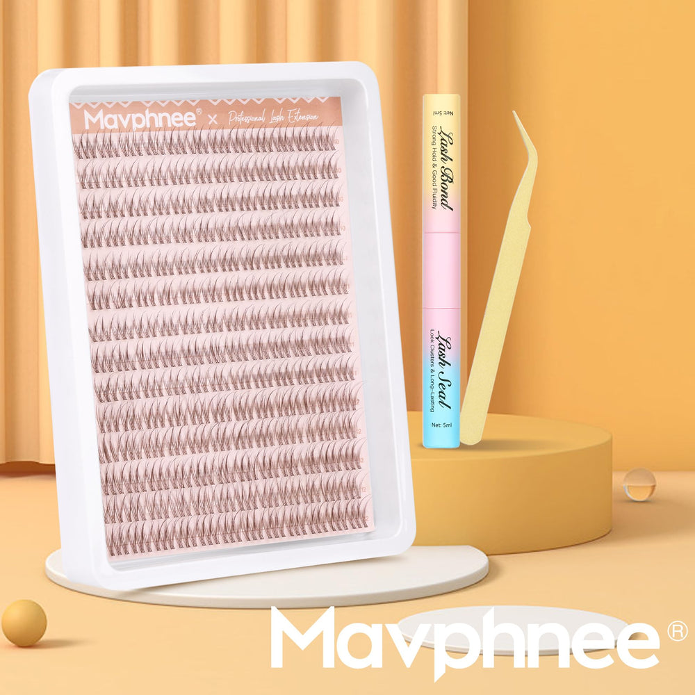 Mavphnee packaging shows 168 clusters and essential tools for DIY lashes.