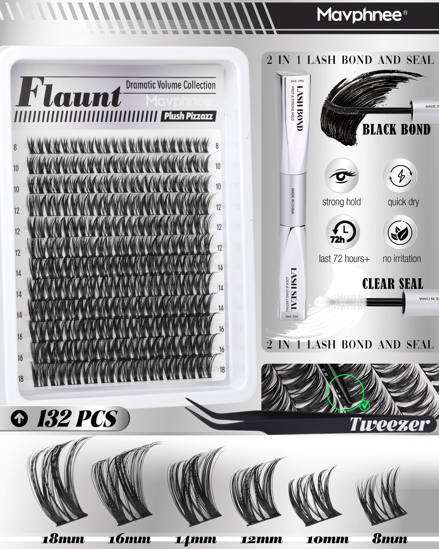 Precision lash tweezers image emphasizes clean, accurate cluster placement.