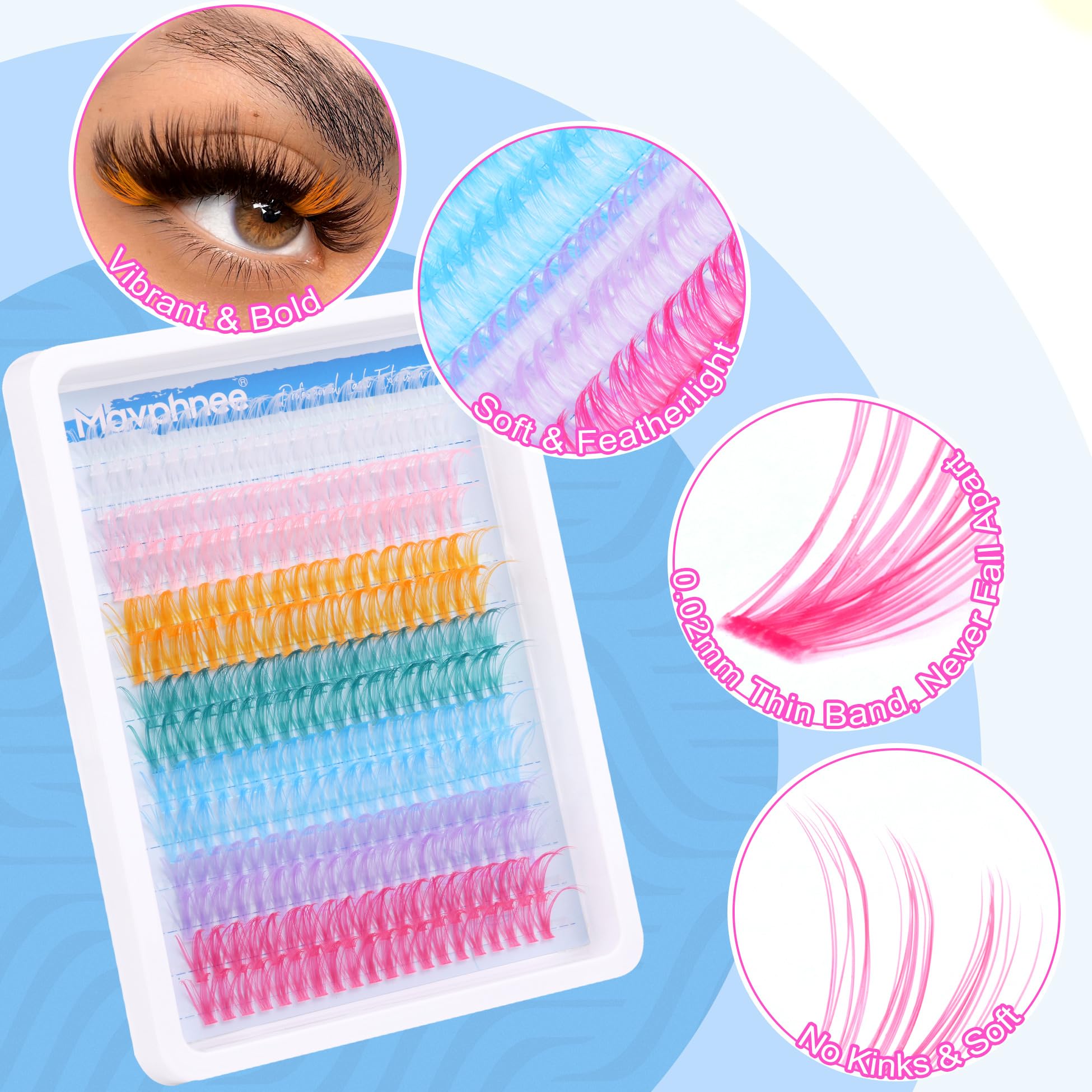 Mavphnee seven-color lashes close-up for bold hues and even distribution.