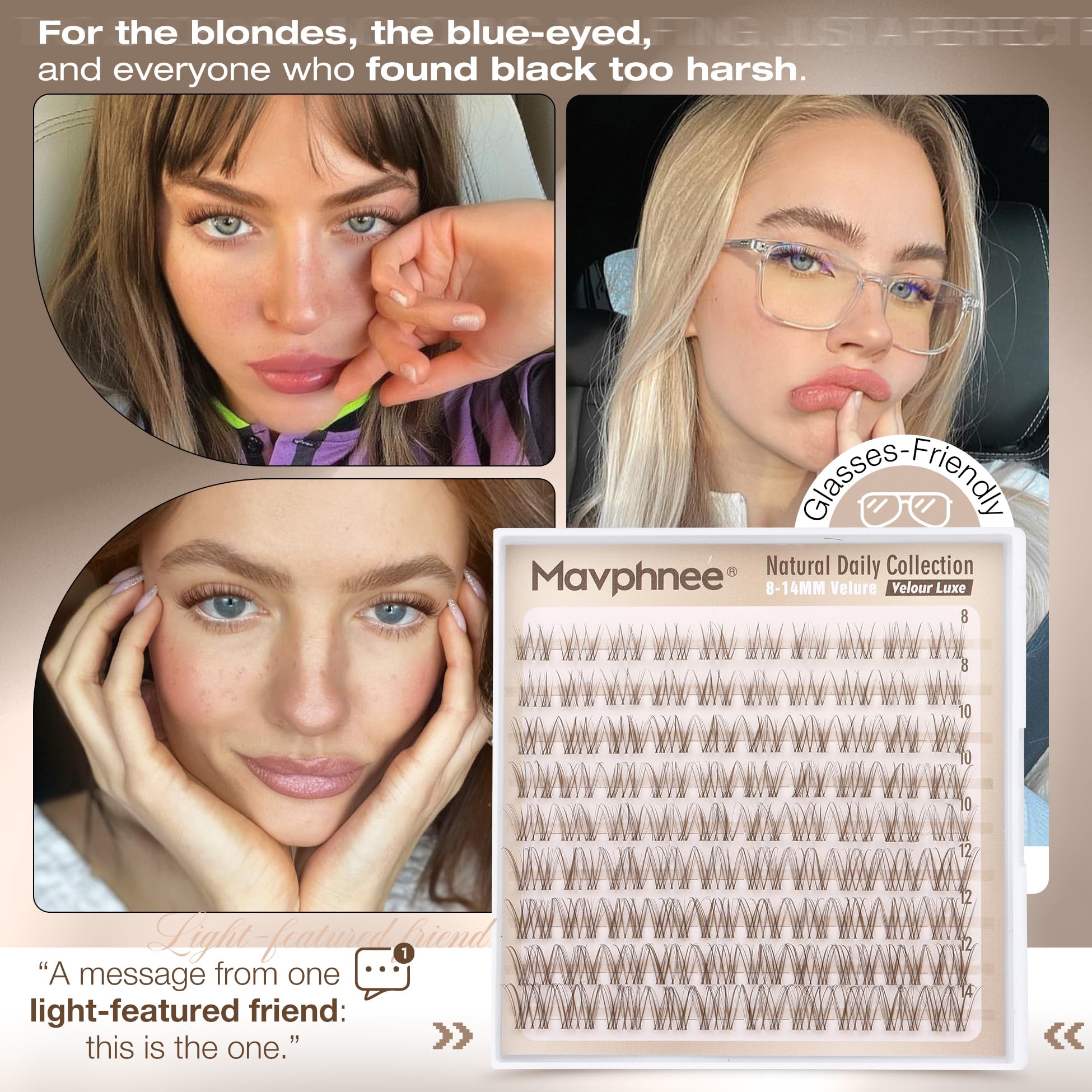 Mavphnee velour lashes with CC curve for open-eyed look.