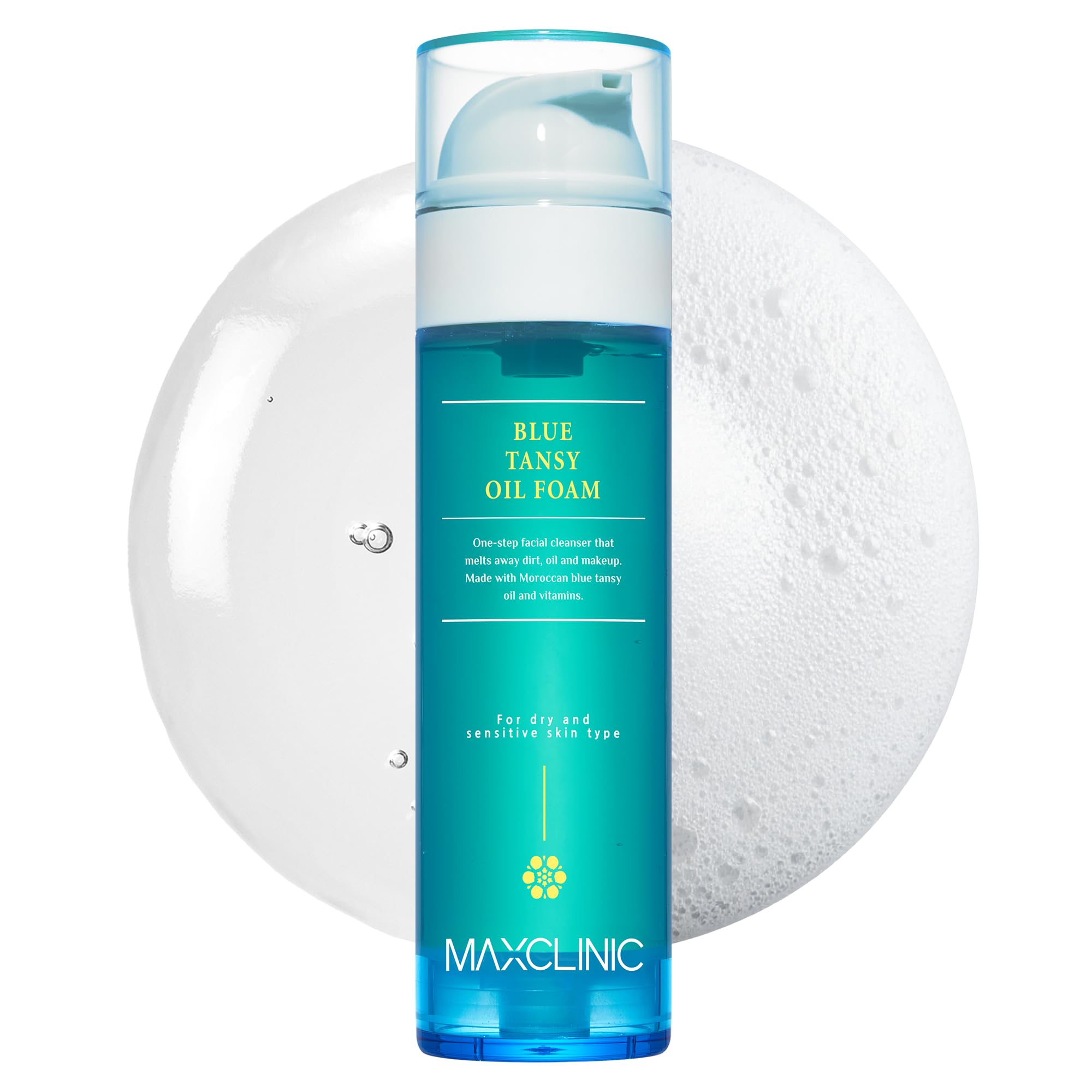 MAXCLINIC Blue Tansy Oil to Foam bottle on a clean vanity for balanced skin