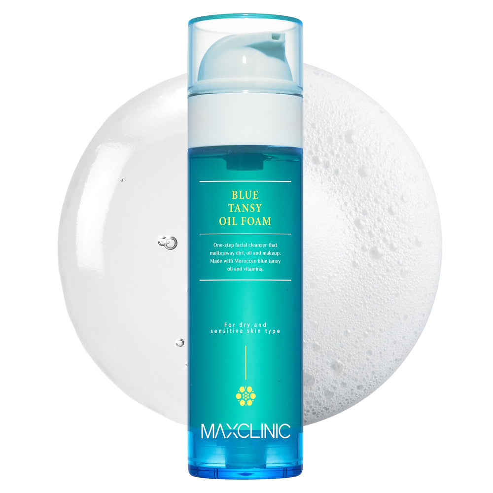 MAXCLINIC Blue Tansy Oil to Foam bottle on a clean vanity for balanced skin