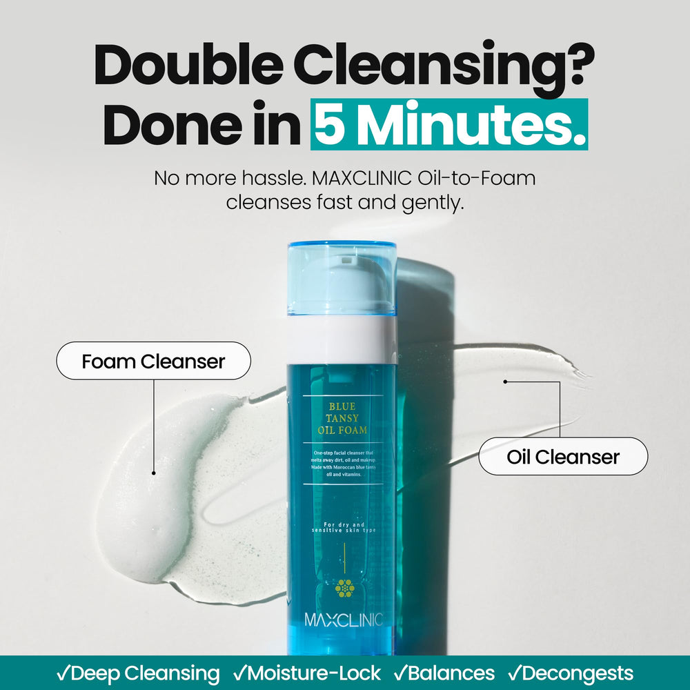 MAXCLINIC Blue Tansy Oil to Foam pump bottle releasing gentle cleansing foam
