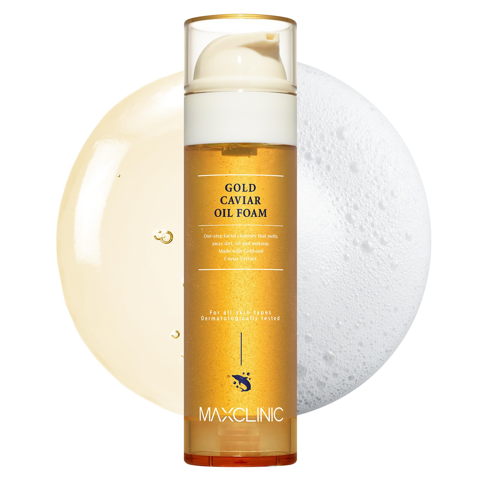 MAXCLINIC Gold Caviar Oil to Foam bottle on a clean surface for daily cleansing.