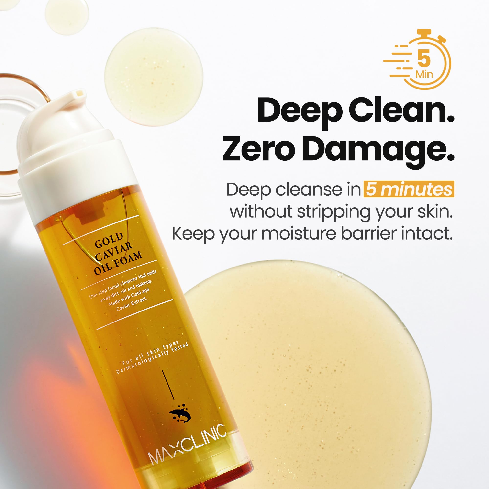 MAXCLINIC Gold Caviar Oil to Foam ingredients visual with plant oils.