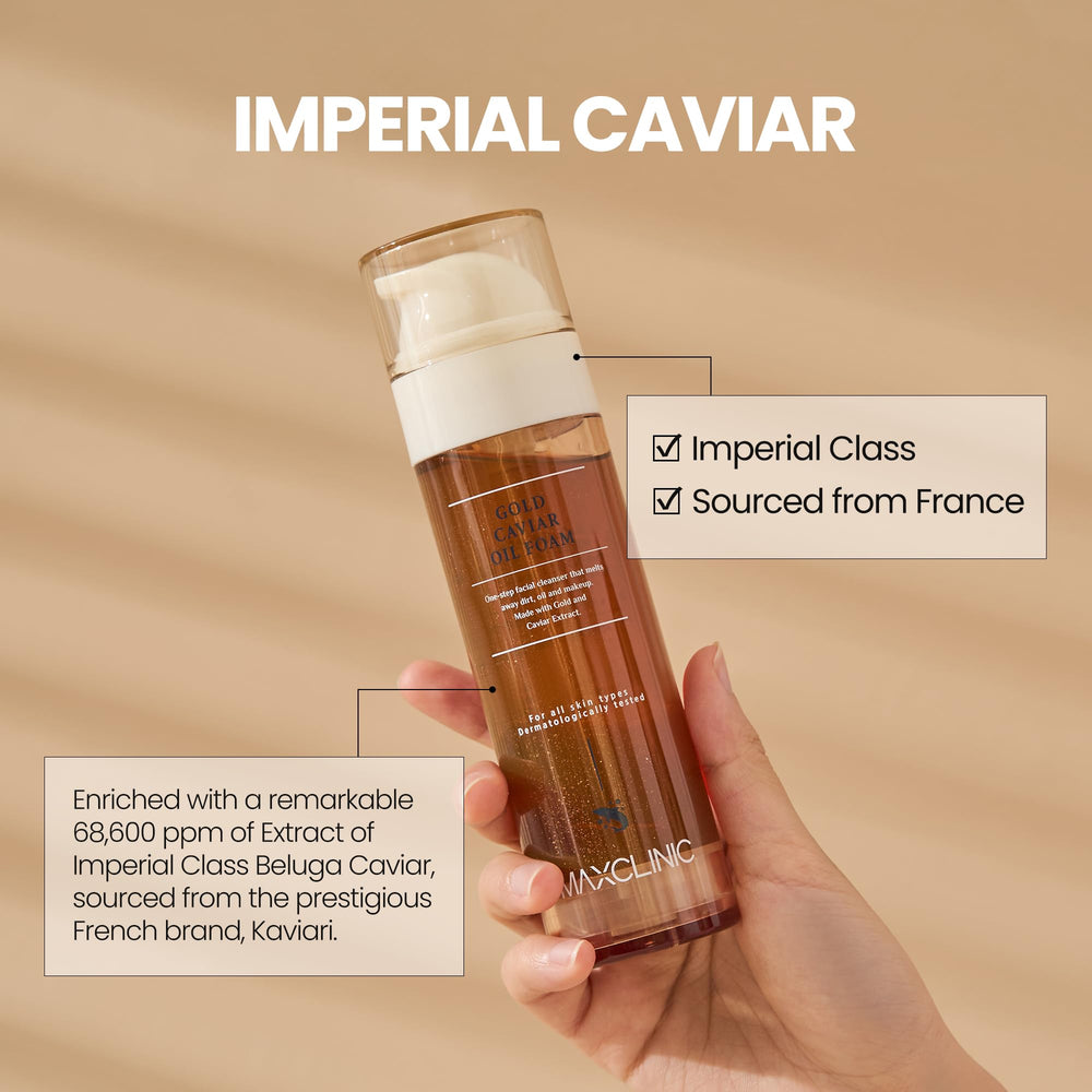 MAXCLINIC Gold Caviar Oil to Foam golden packaging and branding.