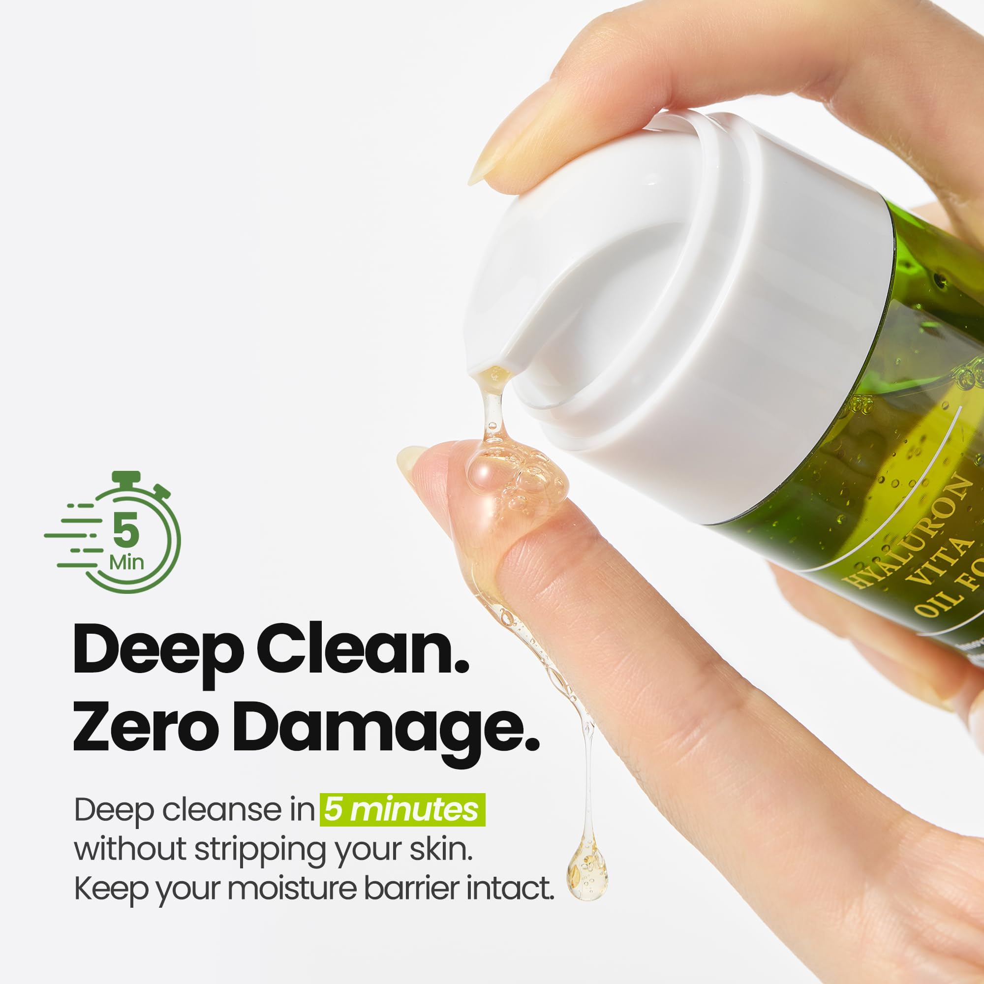MAXCLINIC Hyaluron Vita Oil to Foam ingredients graphic highlights hydration benefits.
