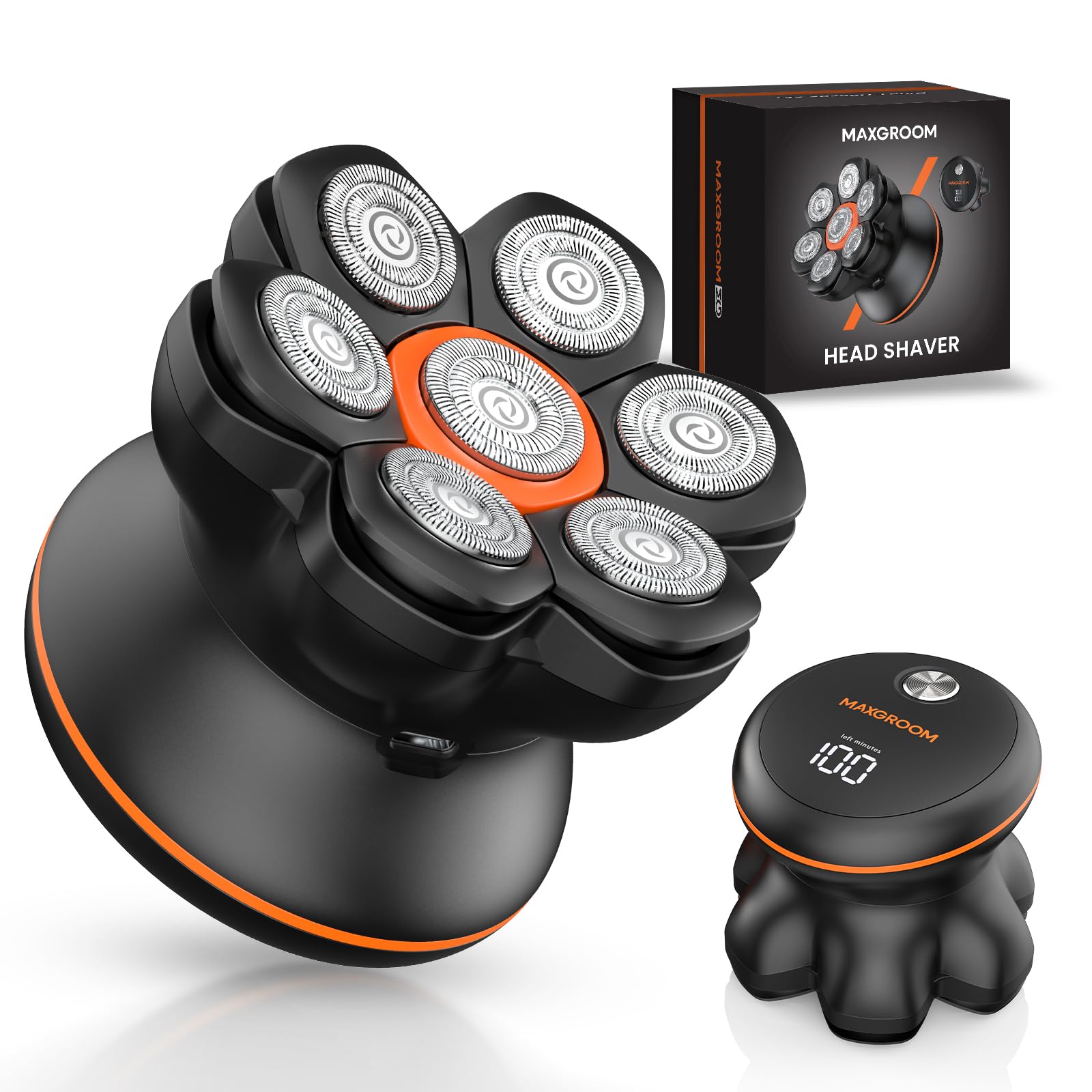MAXGROOM head shaver with 7D floating heads for ultra-close, irritation-free bald shaving.