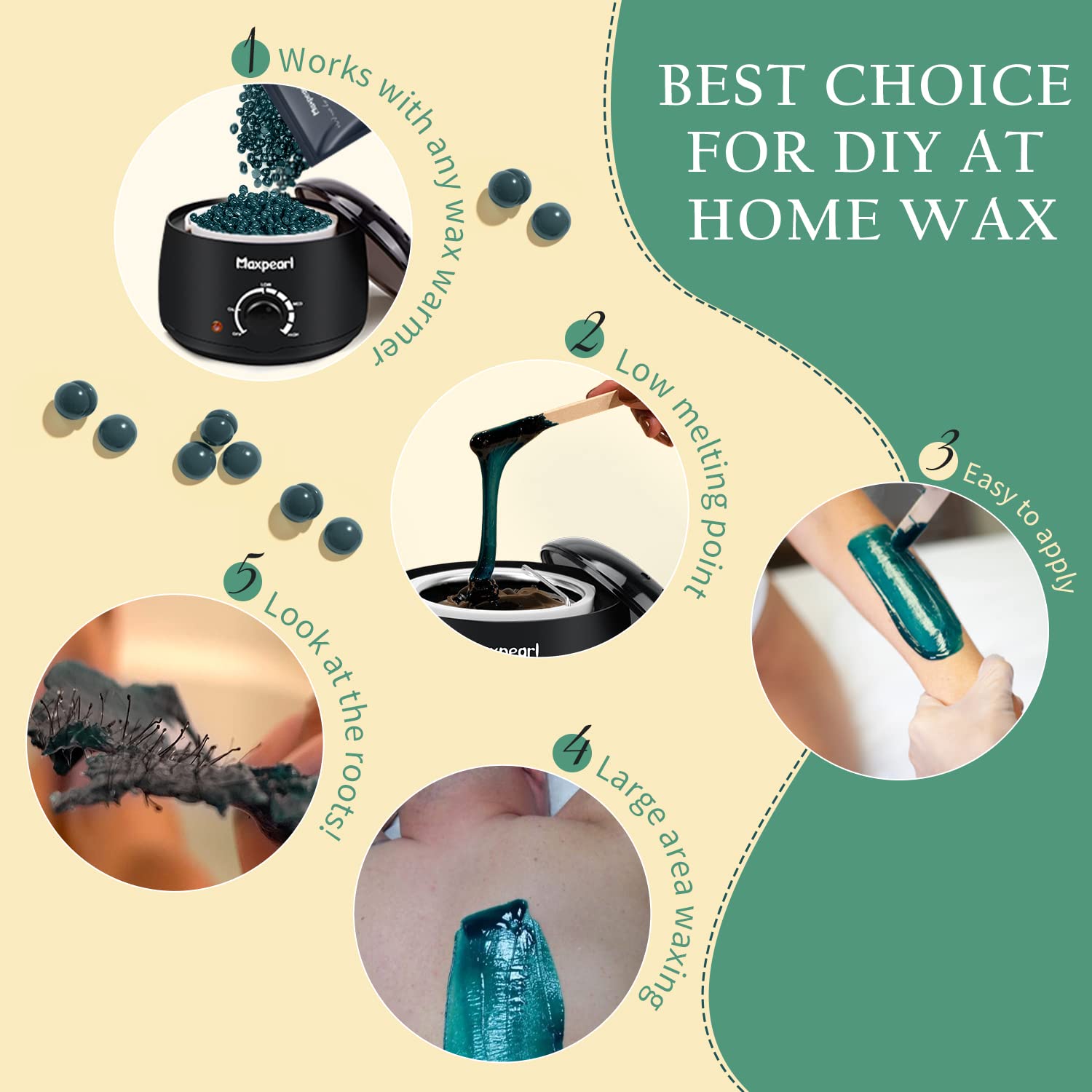 Maxpearl hard wax beads for face offer gentle grip on fine hairs.