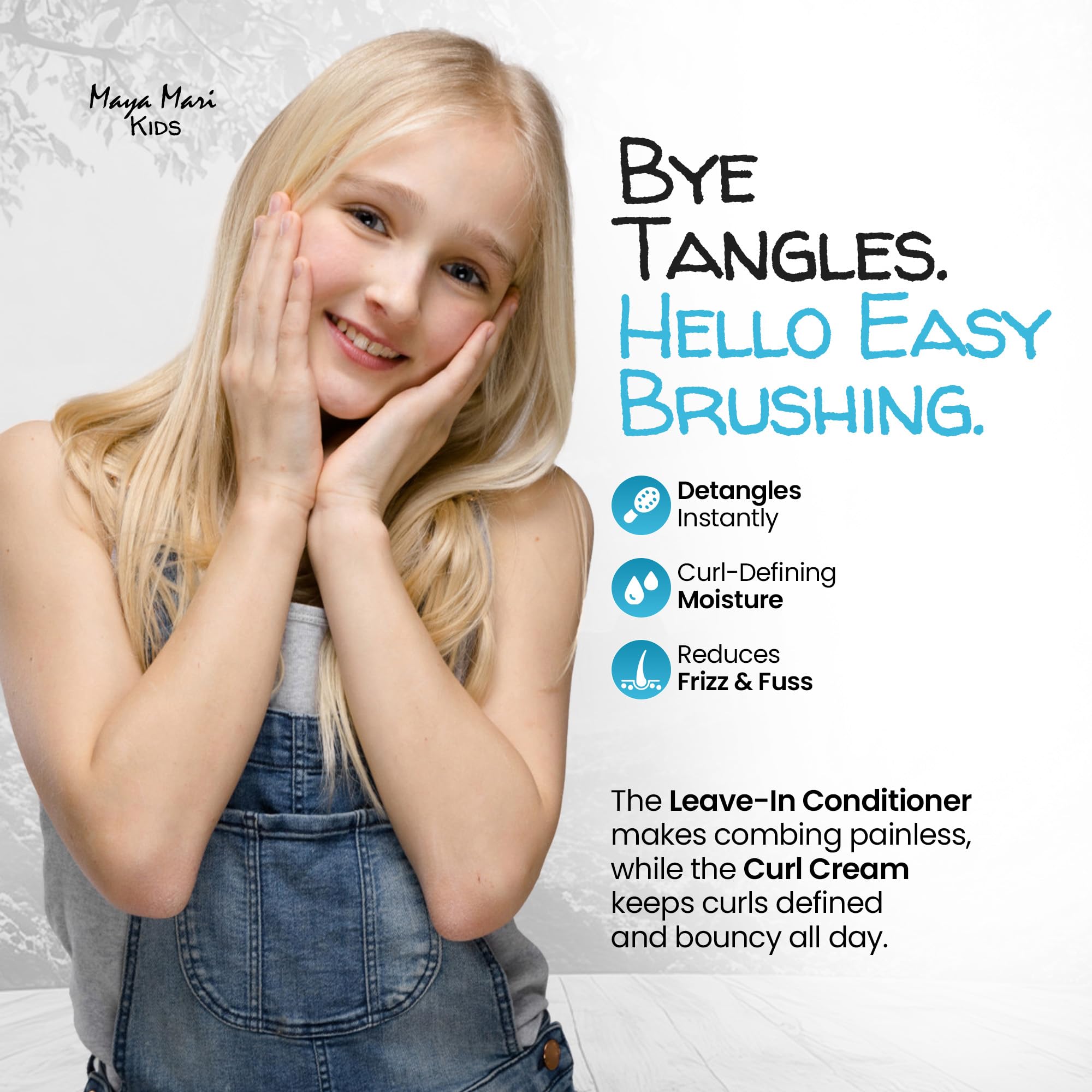MAYA MARI leave-in bottle supports easy styling and curl care.