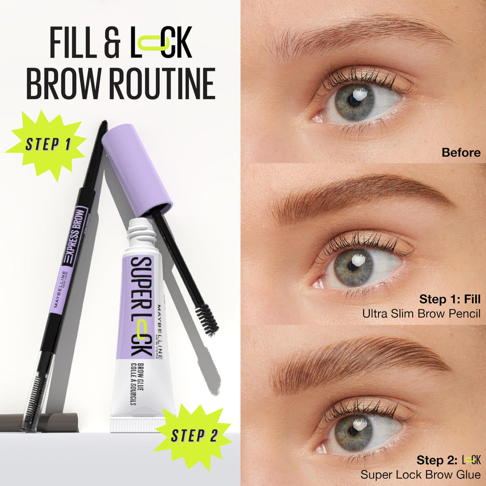 Product detail highlighting vegan formula and up-to-24-hour hold from Maybelline Brow Glue.