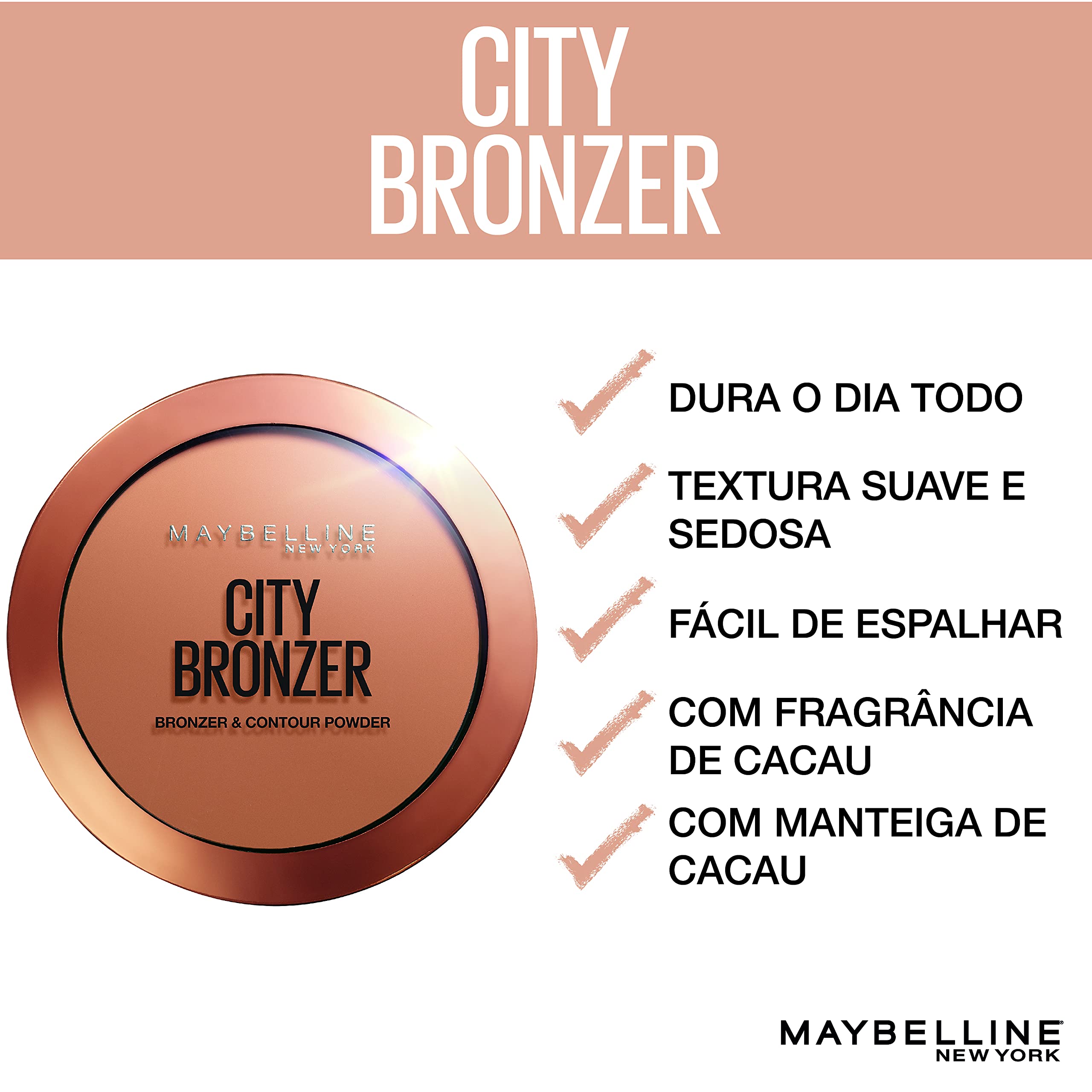 MAYBELLINE City Bronzer: aplica en pómulos para resaltar rasgos con suavidad.
