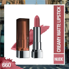 Maybelline Color Sensational pink lipstick swatch highlighting vibrant, long-lasting color.