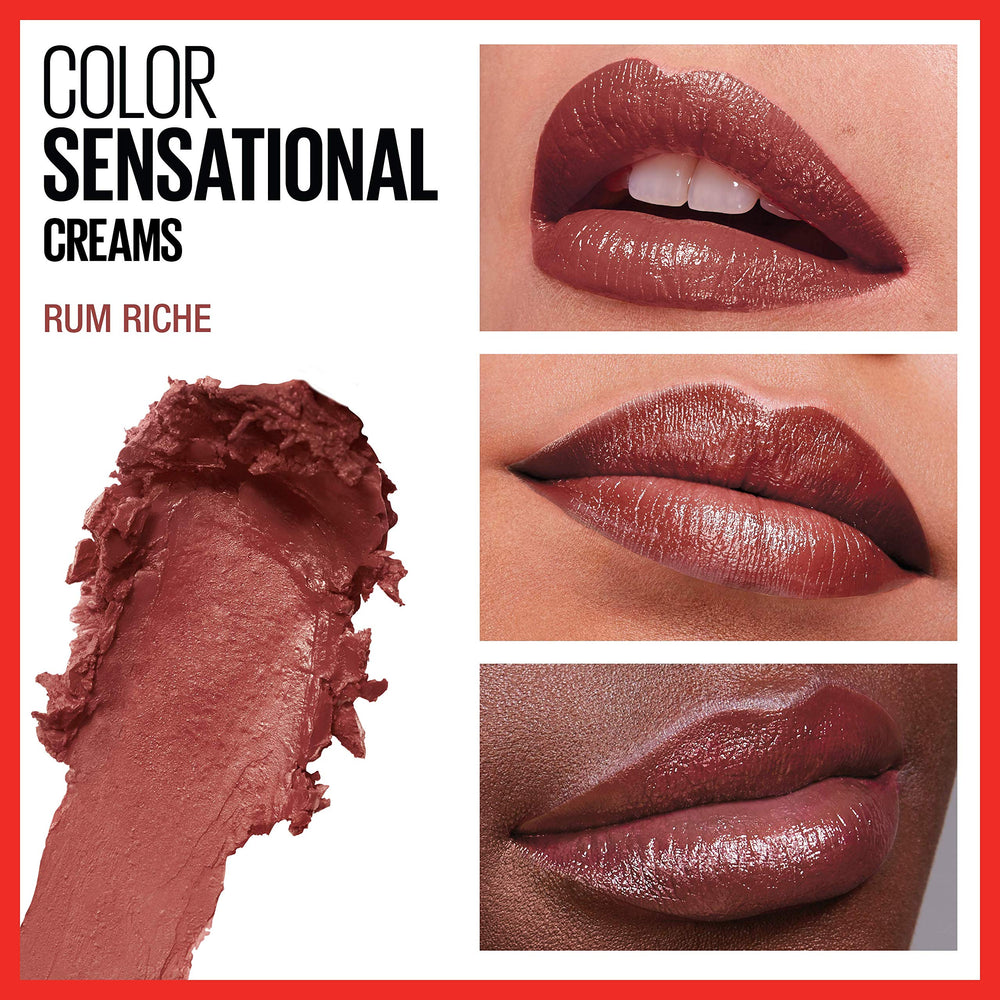Maybelline Rum Riche lipstick swatch showing deep nude shade