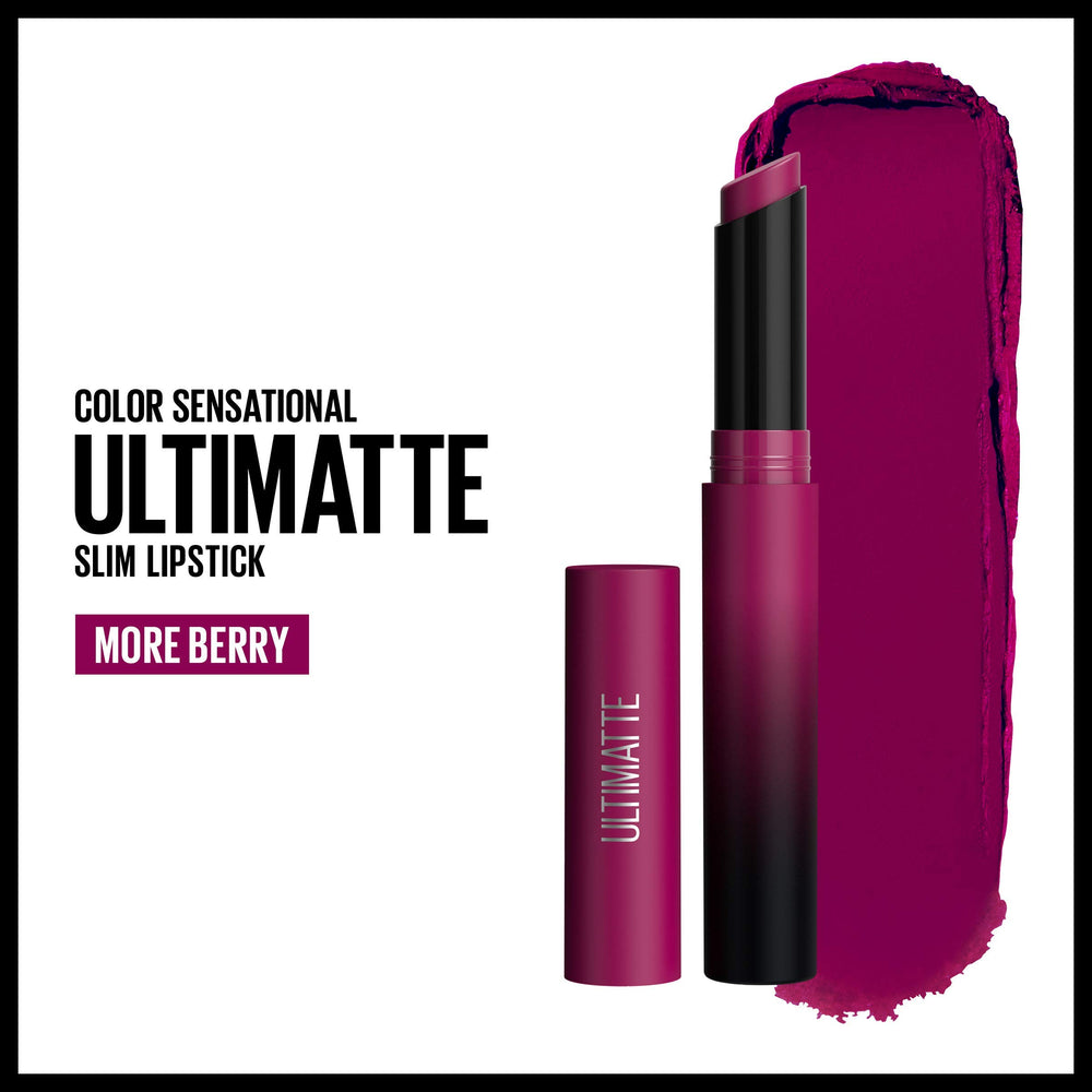 Close-up of Maybelline Ultimatte slim packaging and luxe bullet