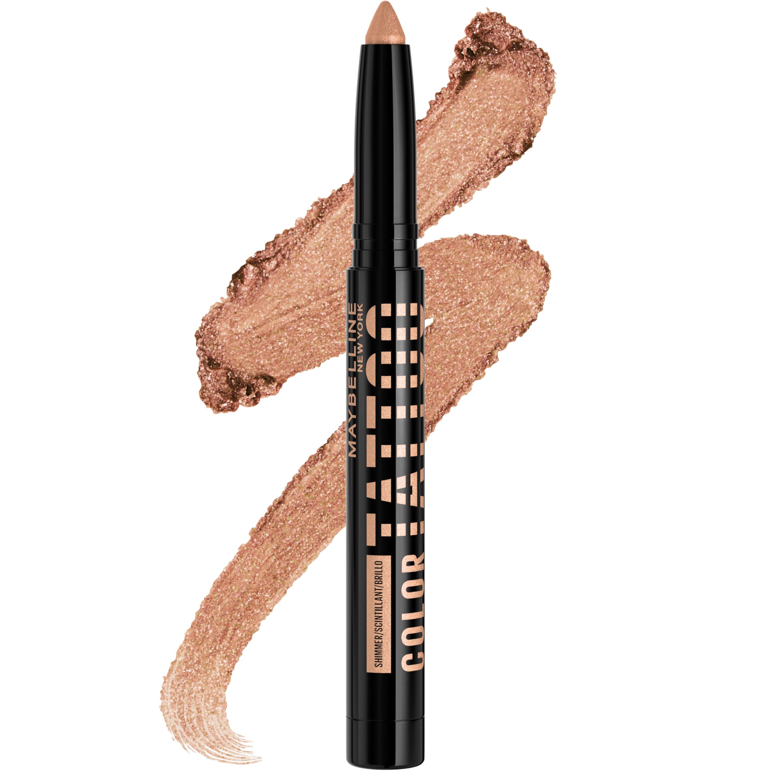 MAYBELLINE Color Tattoo Eye Stix, rosa dorado brillo, aplicación suave y duradera.