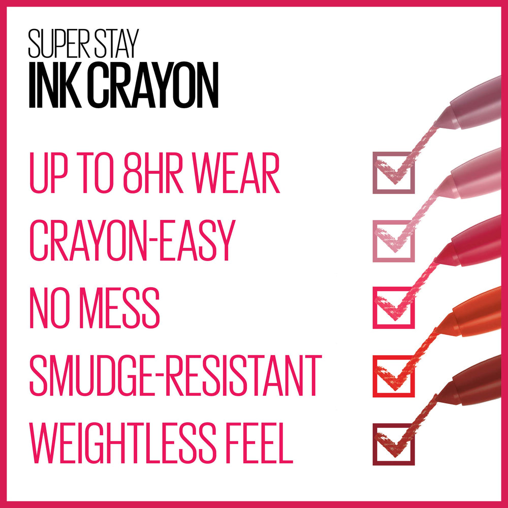 Labial Maybelline Crayon: acabado mate resistente a transferencia.